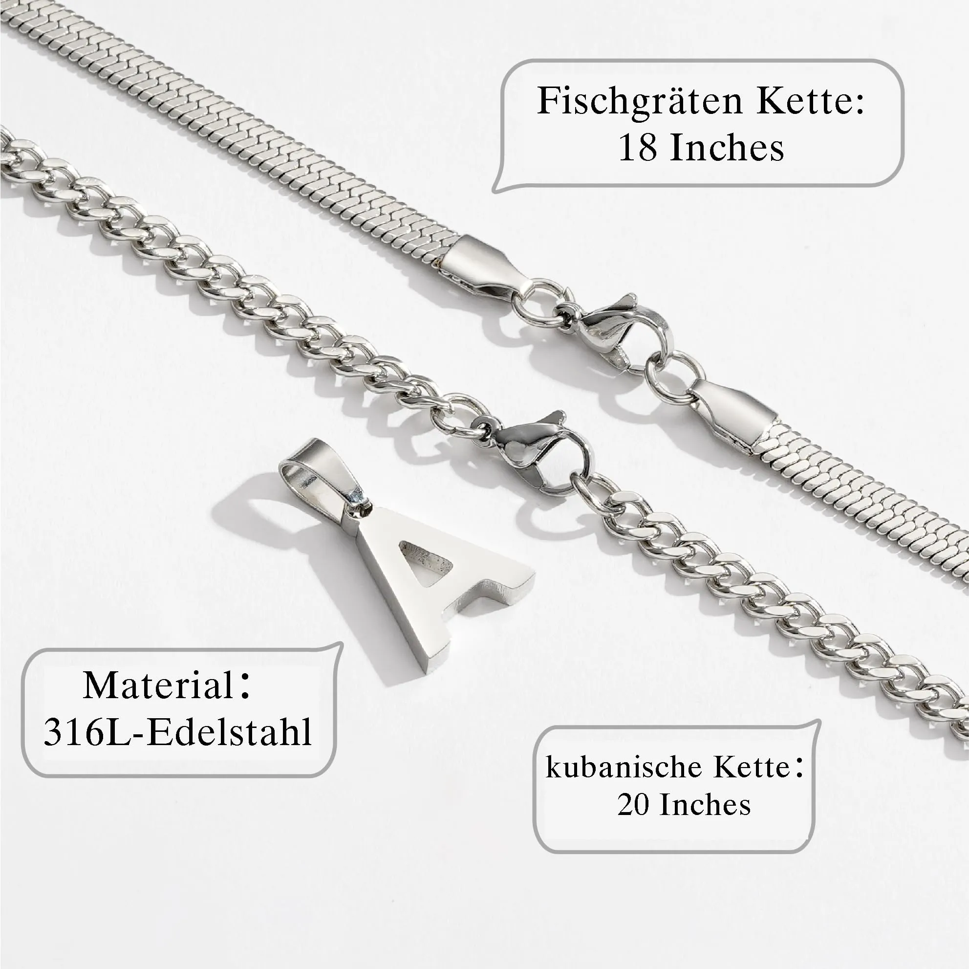 Esmoly Collana Uomo Catena Cubana con Lettere A-Z in Acciaio Inossidabile 316L, 18+20 Pollici - immagine 4