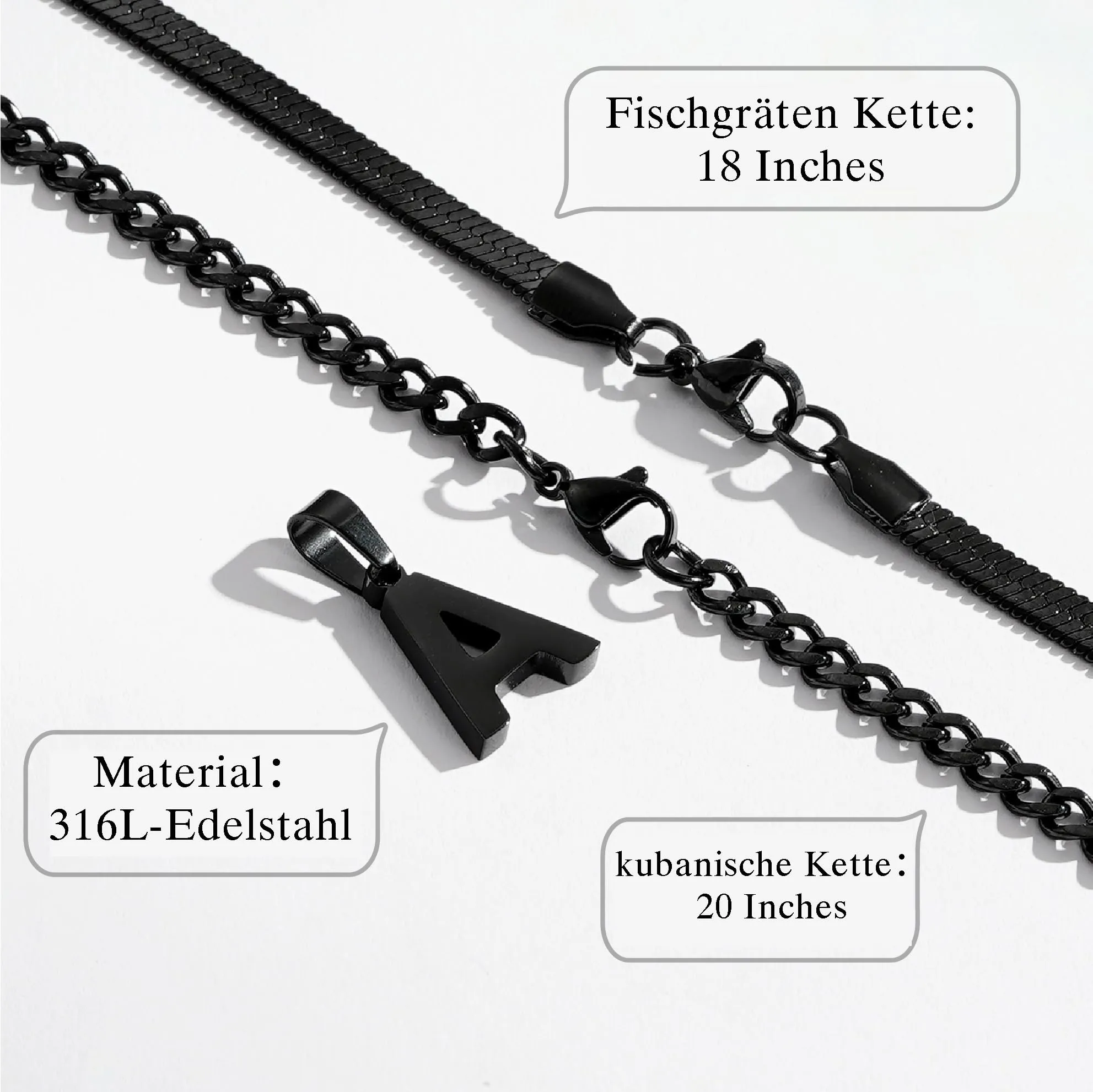 Esmoly Collana Uomo Catena Doppia Cubana e Serpente con Lettere A-Z, 316L Acciaio Inossidabile, 18+20 Pollici, Nero I - immagine 4