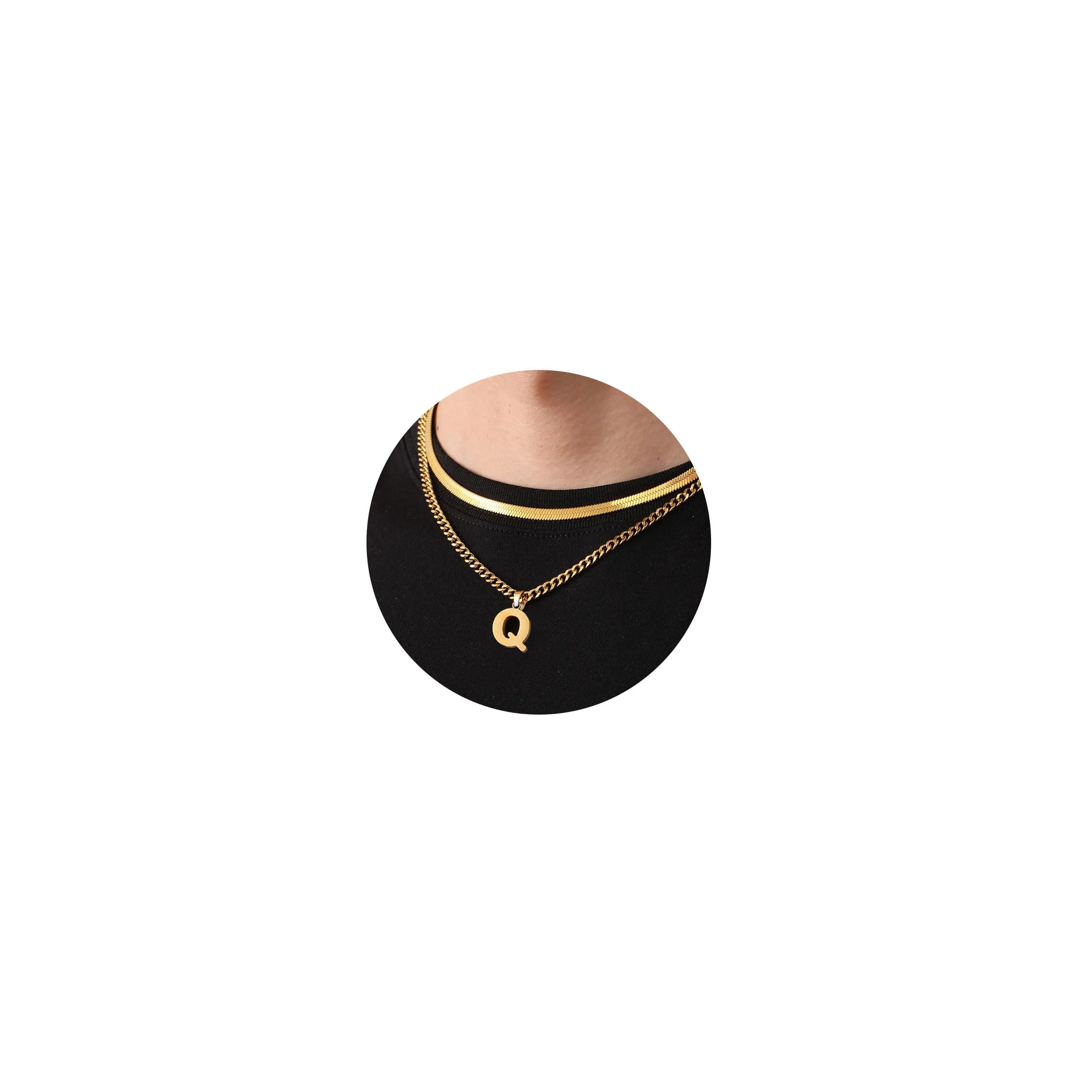 Esmoly Collana Uomo in Acciaio Inossidabile 316L Catena Cubana e Serpente Doppia con Lettera Q, Oro, 18+20 Pollici - immagine 1