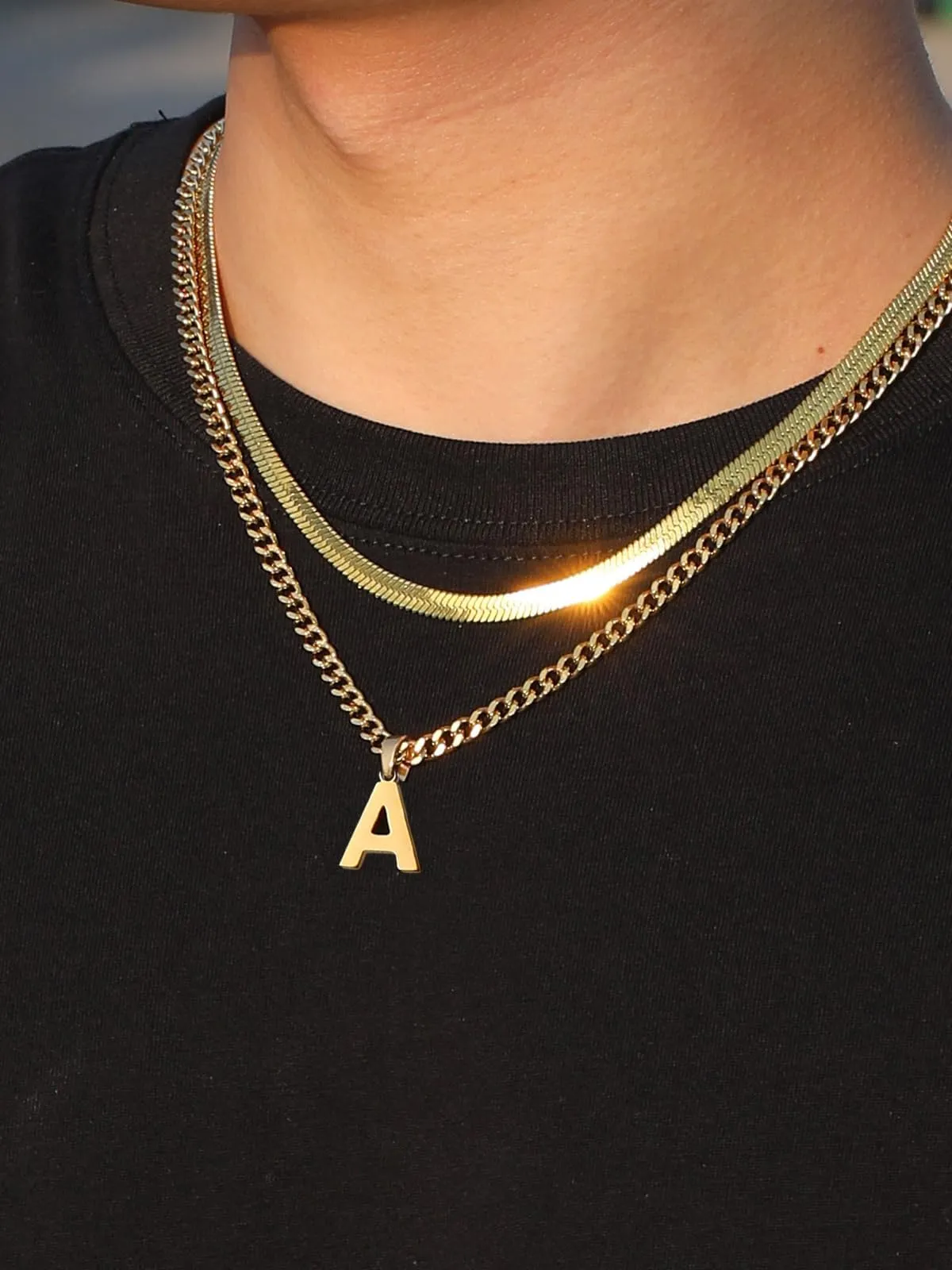 Esmoly Collana Uomo Catena Doppia Cubana e Serpente con Lettera, Acciaio Inossidabile 316L, 18+20 Pollici, Oro O - immagine 5