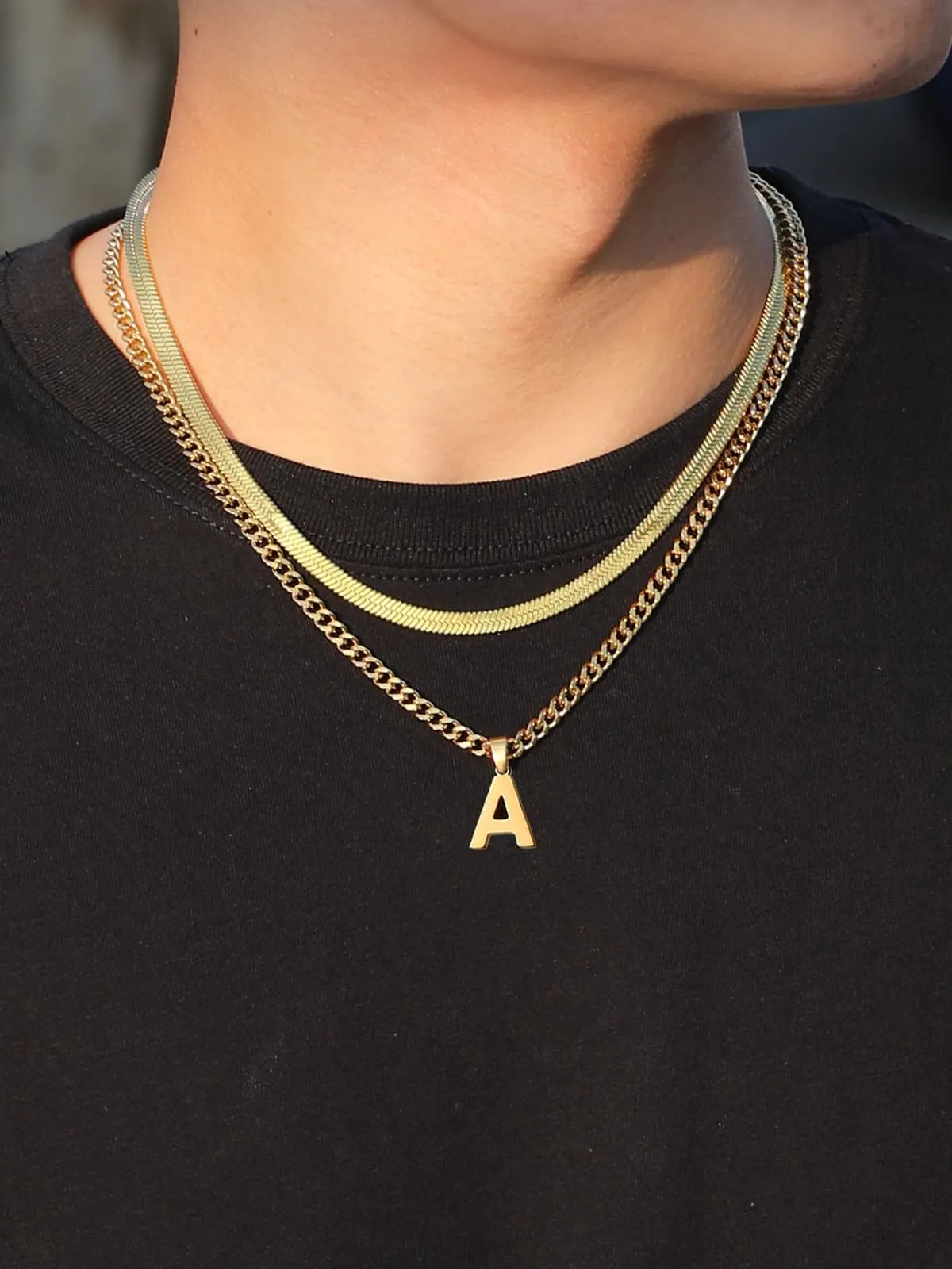Esmoly Collana Uomo Doppia Catena Cubana e Serpente con Lettera V, 18+20 Pollici, Acciaio Inossidabile 316L, Oro - immagine 3