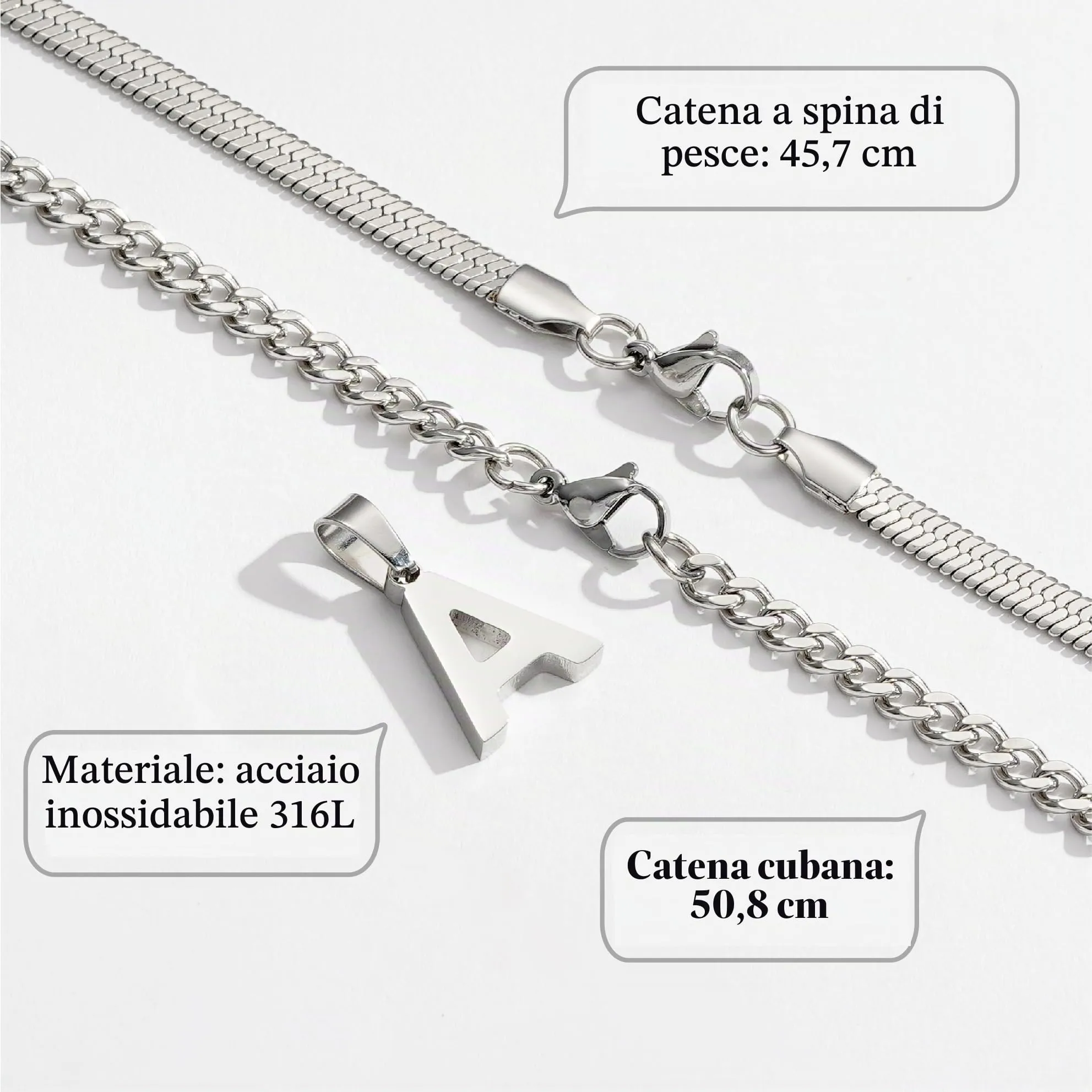 Esmoly Collana Uomo in Acciaio Inossidabile 316L Catena Cubana con Lettera A, Argento, 18+20 Pollici - immagine 4