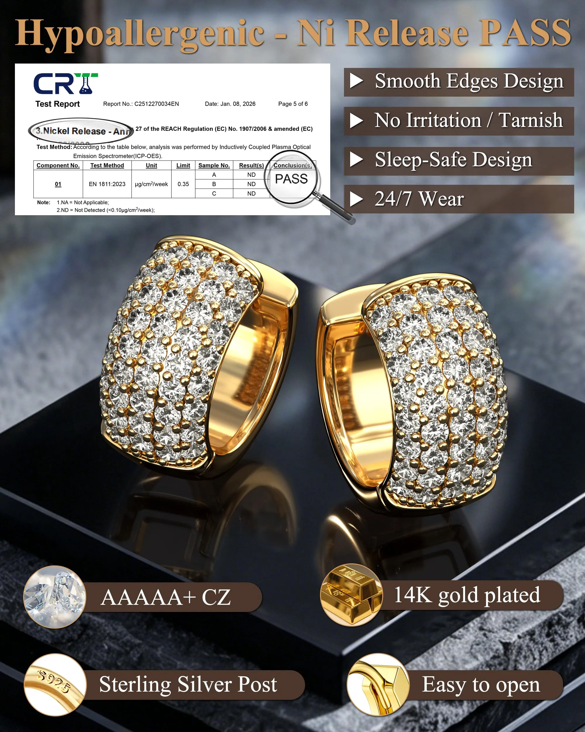 FIOROYAL Orecchini Uomo Cerchio Diamante in Argento 925 Placcato Oro 14K G3 - immagine 3