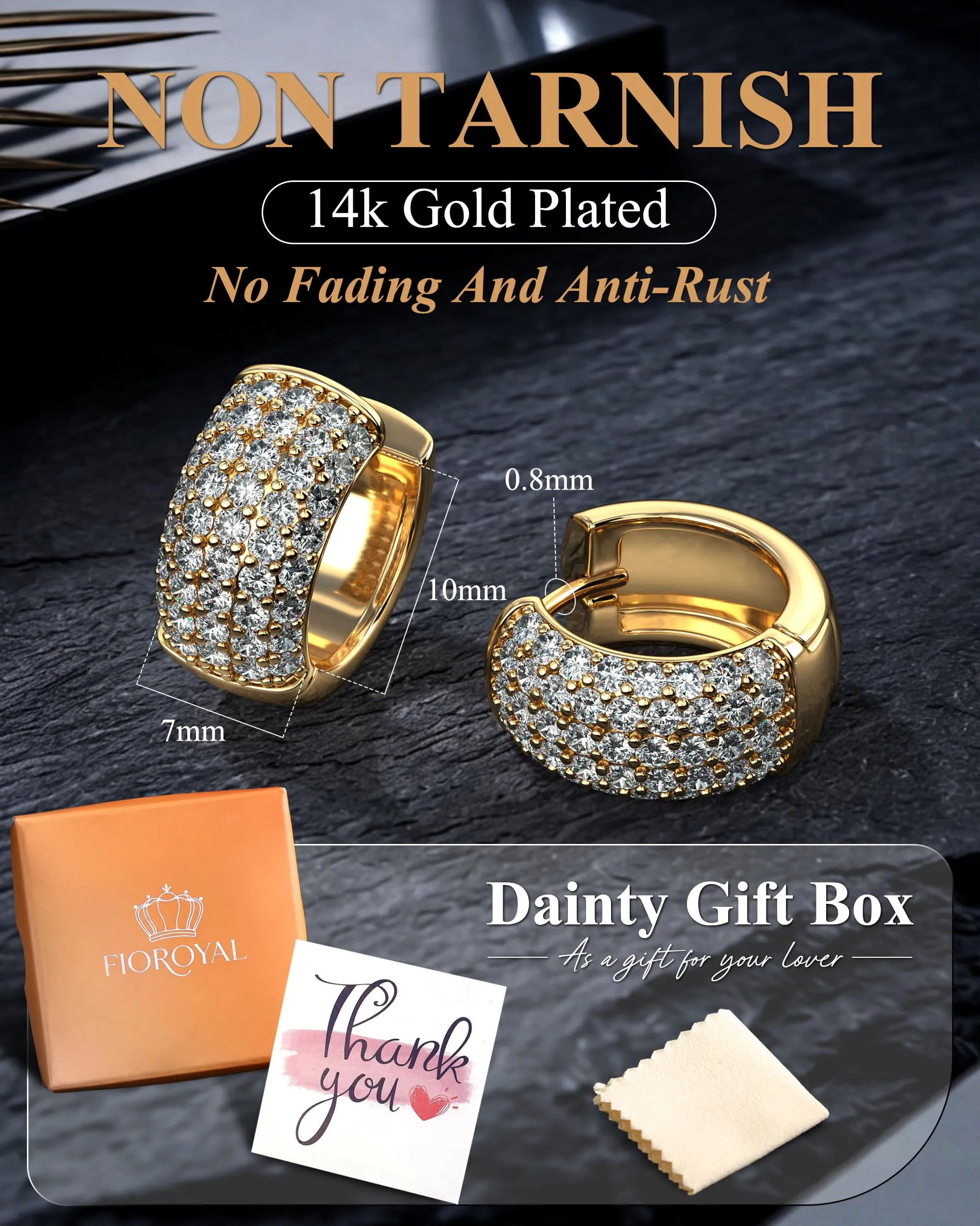 FIOROYAL Orecchini Uomo Cerchio Diamante in Argento 925 Placcato Oro 14K G3 - immagine 5