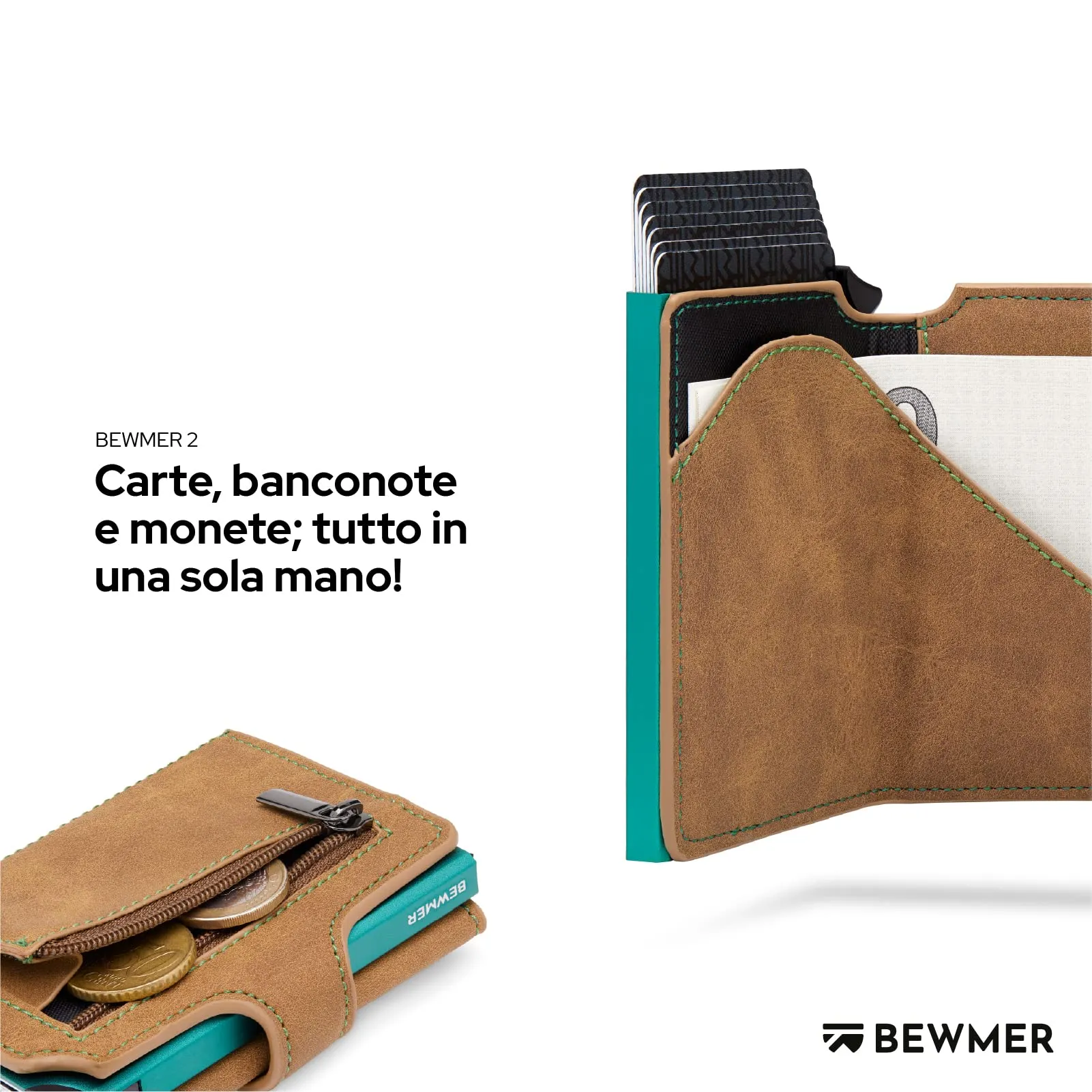 BEWMER v2 Portafoglio Uomo Slim in Similpelle con Protezione RFID, Marrone Turchese - immagine 3