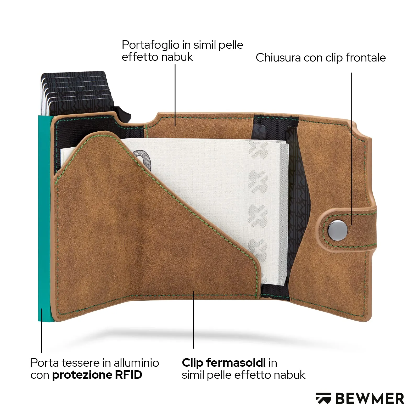 BEWMER v2 Portafoglio Uomo Slim in Similpelle con Protezione RFID, Marrone Turchese - immagine 4