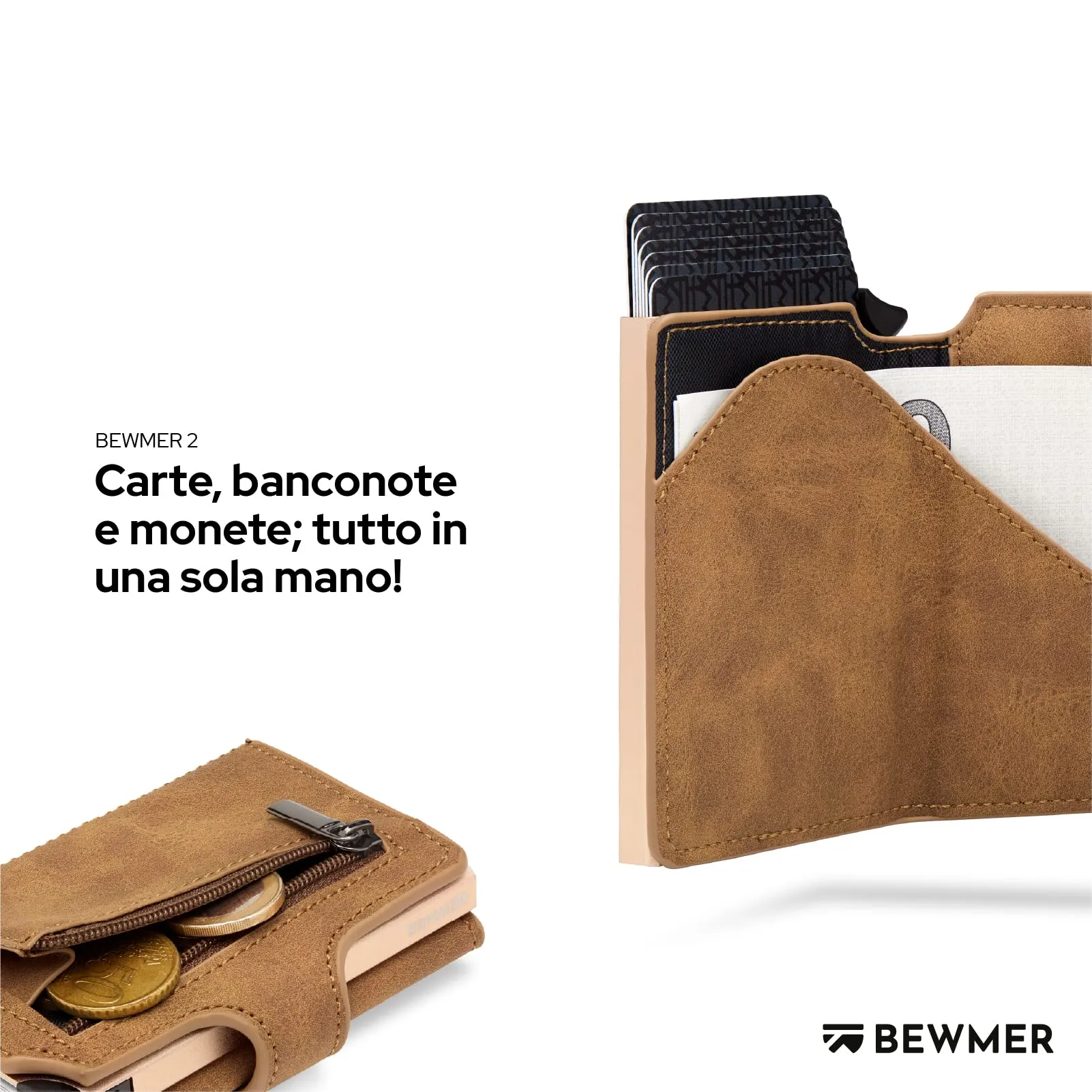 BEWMER v2 Portafoglio Uomo Slim in Similpelle con Protezione RFID, Porta Carte e Portamonete, Marrone Chiaro Beige - immagine 3
