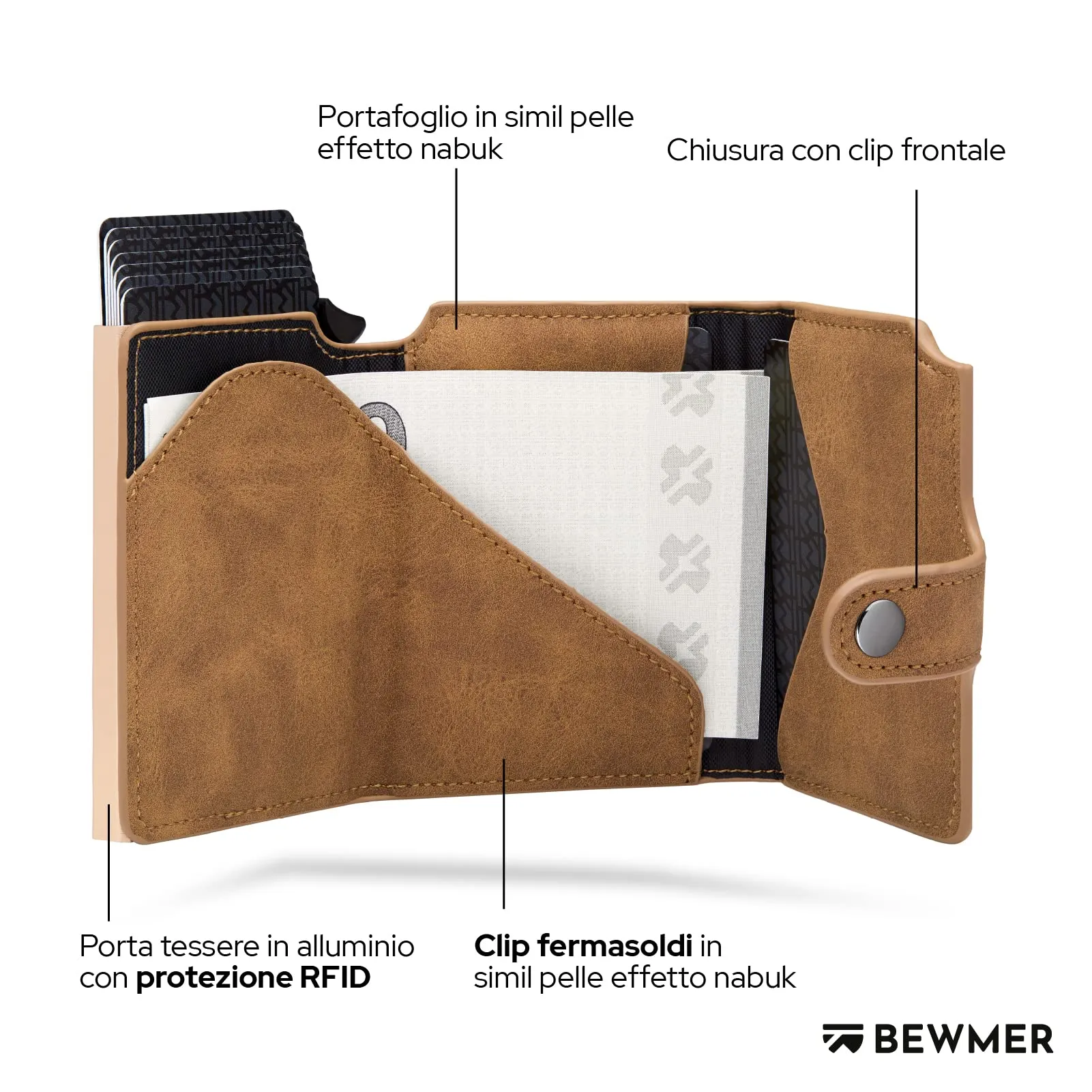 BEWMER v2 Portafoglio Uomo Slim in Similpelle con Protezione RFID, Porta Carte e Portamonete, Marrone Chiaro Beige - immagine 4