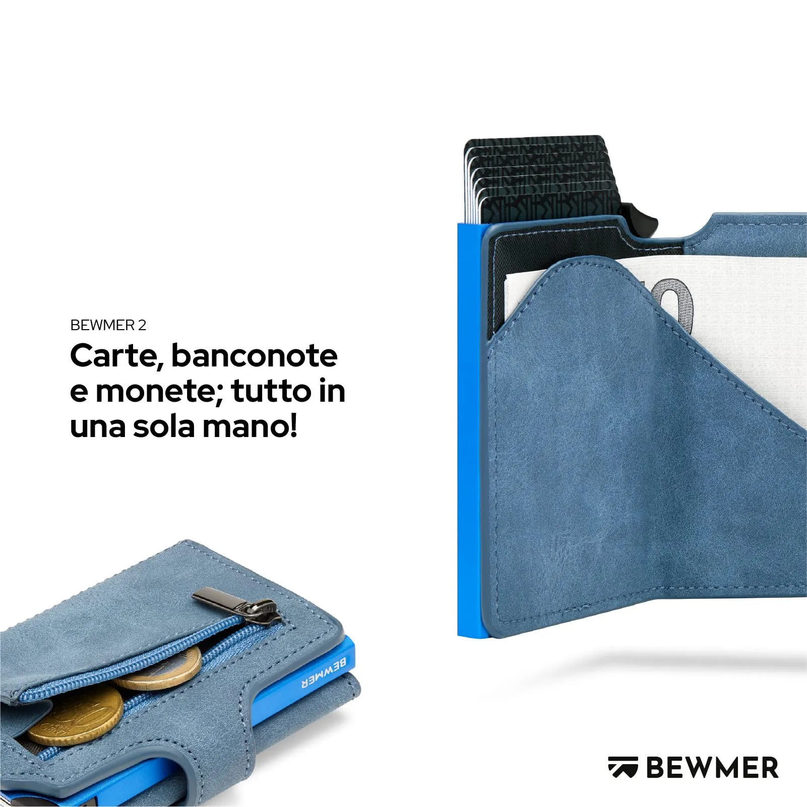 BEWMER v2 Portafoglio Uomo Slim in Similpelle con Protezione RFID, Blu Chiaro - immagine 3