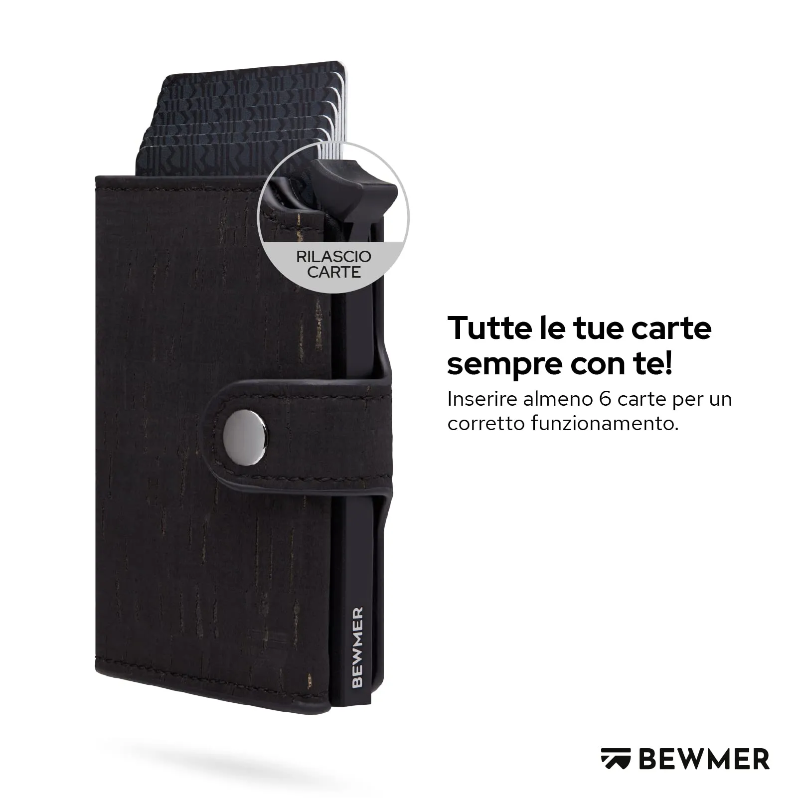 BEWMER v2 Portafoglio Slim in Similpelle con Protezione RFID, Nero Sughero - immagine 2