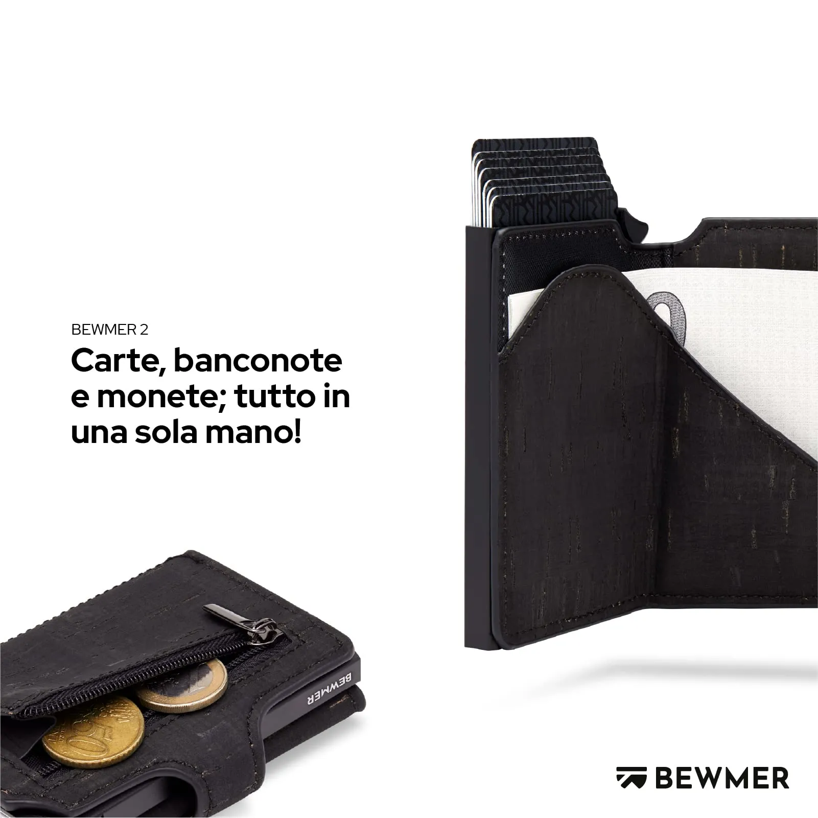BEWMER v2 Portafoglio Slim in Similpelle con Protezione RFID, Nero Sughero - immagine 3