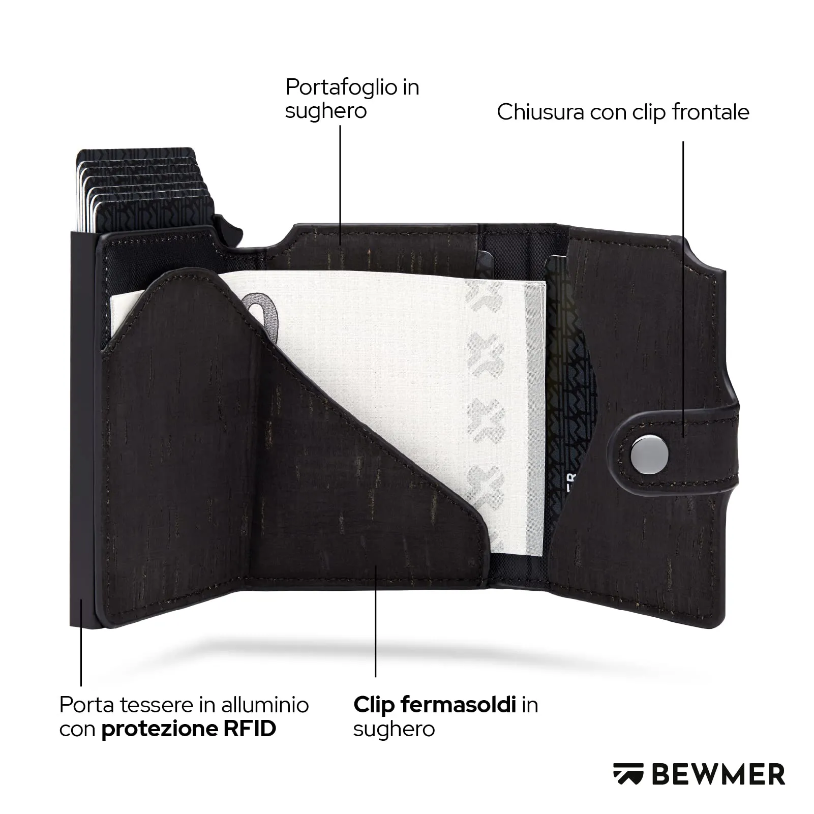 BEWMER v2 Portafoglio Slim in Similpelle con Protezione RFID, Nero Sughero - immagine 4