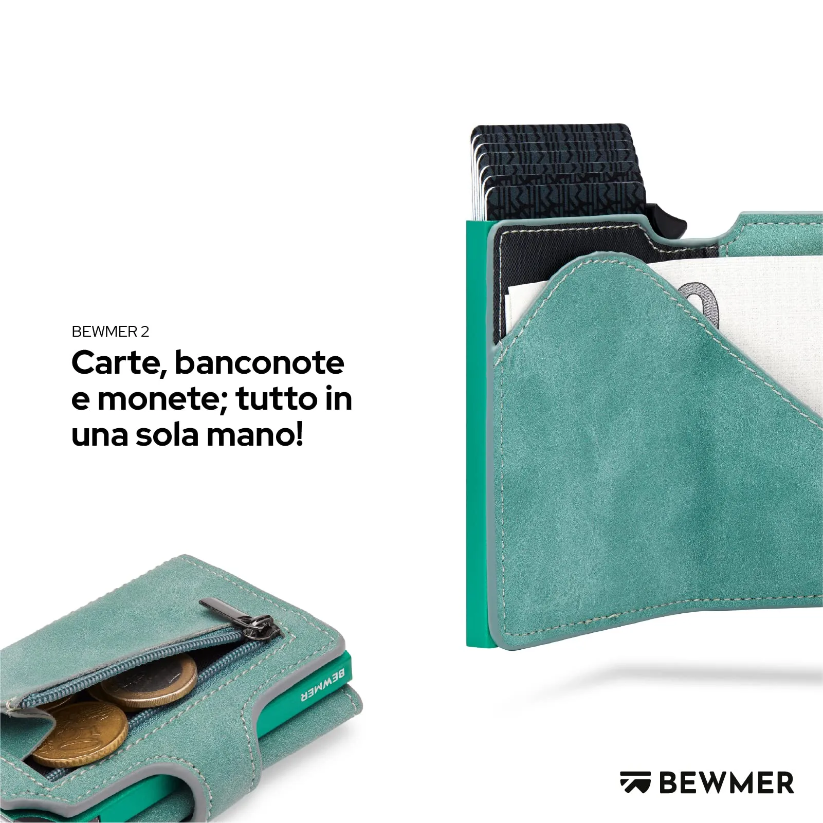 BEWMER v2 Portafoglio Uomo Slim in Similpelle con Protezione RFID, Porta Carte di Credito e Portamonete, Turchese Verde - immagine 3
