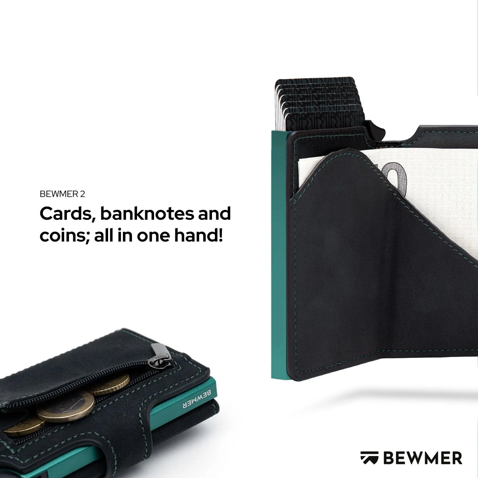 BEWMER v2 Portafoglio Slim in Similpelle con Protezione RFID, Nero Turchese - immagine 3