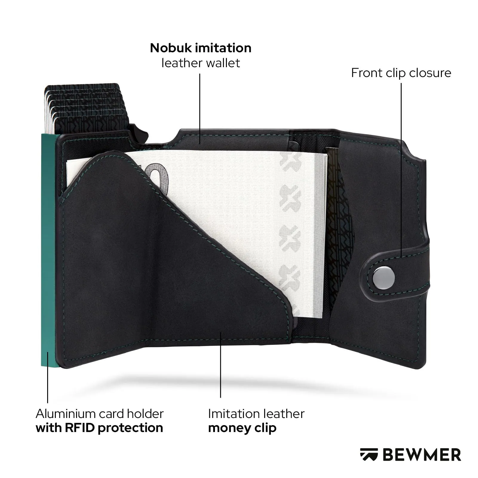BEWMER v2 Portafoglio Slim in Similpelle con Protezione RFID, Nero Turchese - immagine 4
