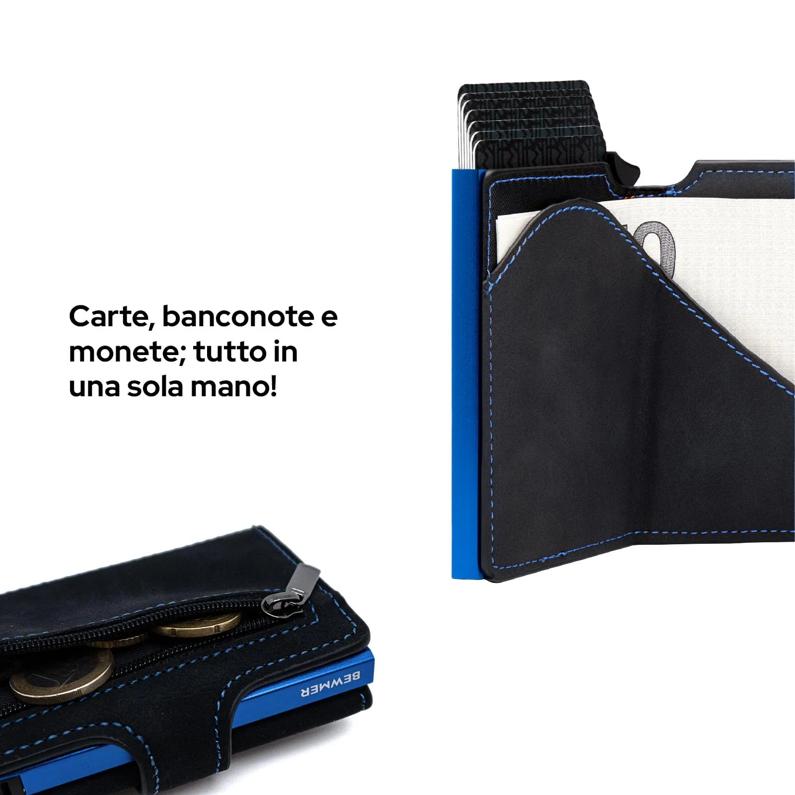 BEWMER v2 Portafoglio Uomo Slim in Similpelle con Protezione RFID, Porta Carte di Credito e Portamonete, Nero Azzurro - immagine 3