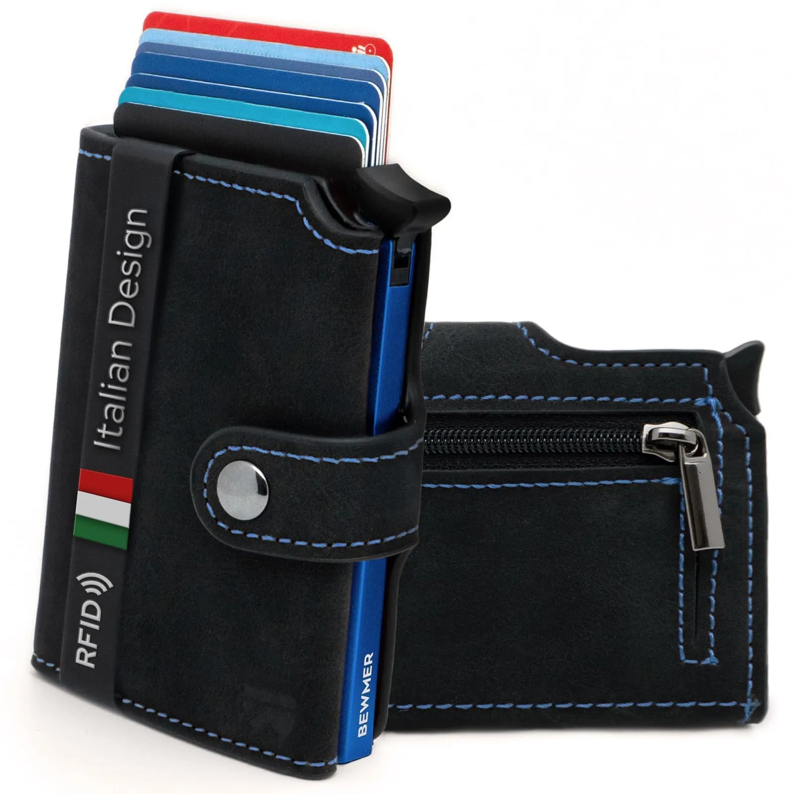 BEWMER v2 Portafoglio Uomo Slim in Similpelle con Protezione RFID, Nero Blu - immagine 1