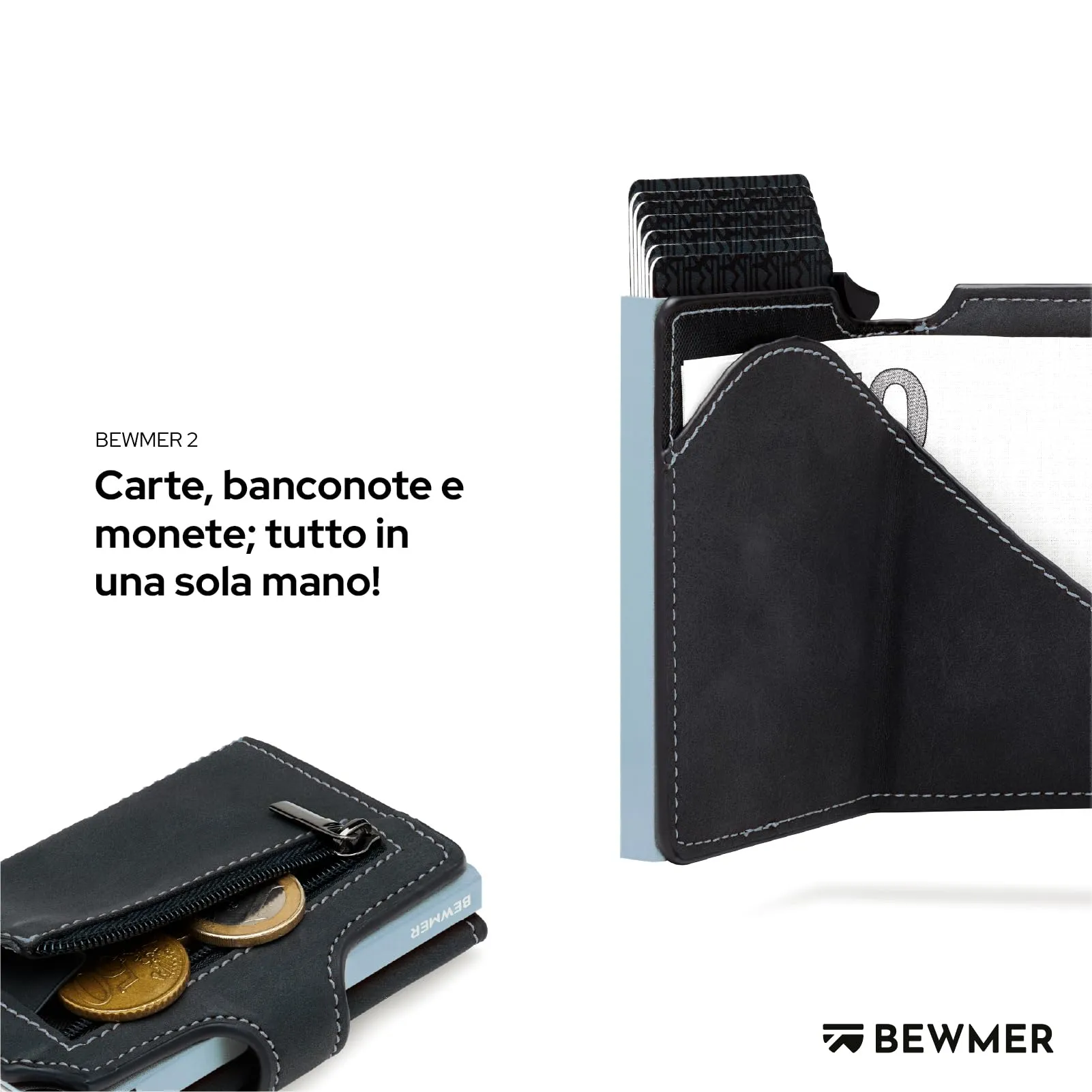 BEWMER v2 Portafoglio Uomo Slim in Similpelle con Protezione RFID, Nero Blu - immagine 3