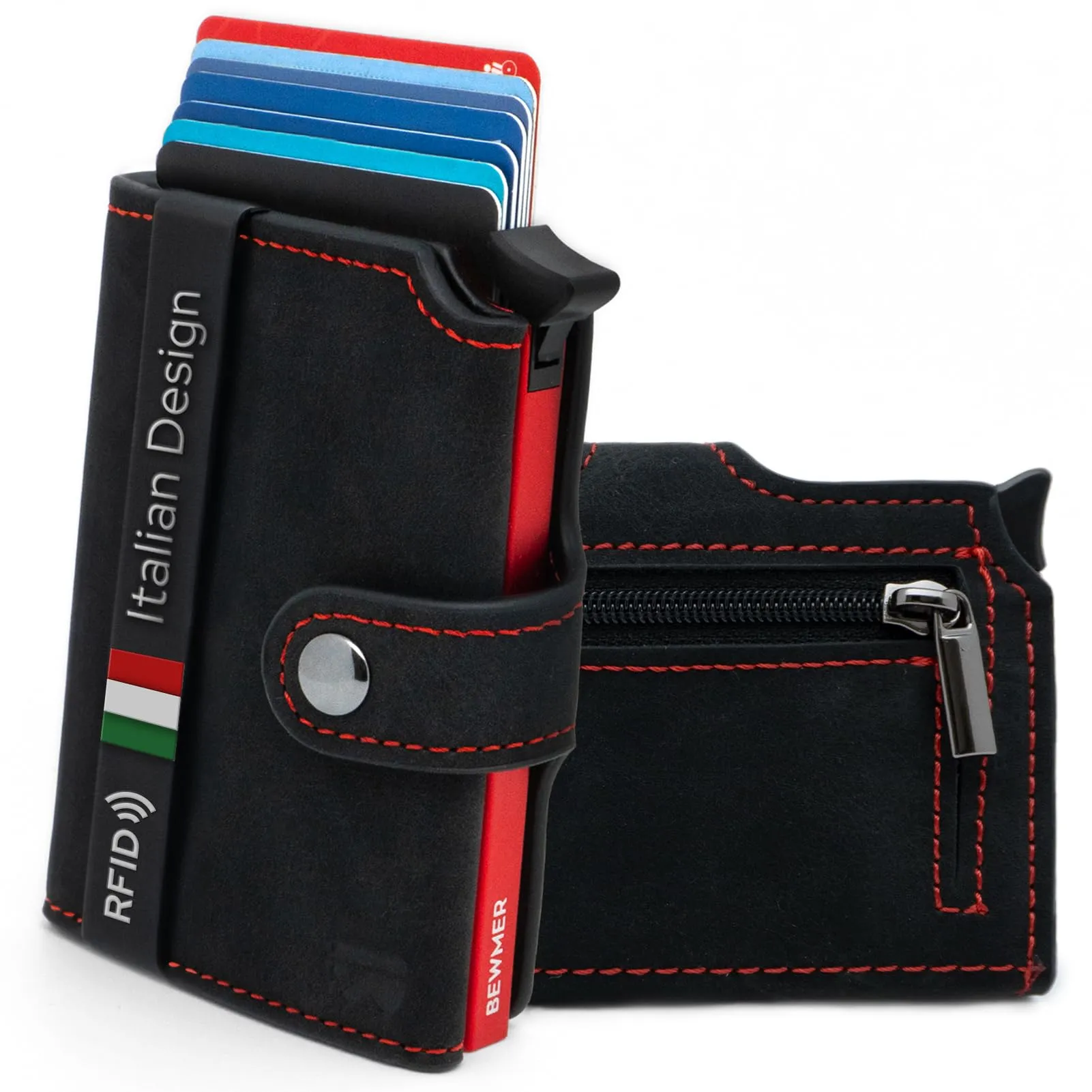 BEWMER v2 Portafoglio Slim in Similpelle con Protezione RFID, Nero Rosso - immagine 1