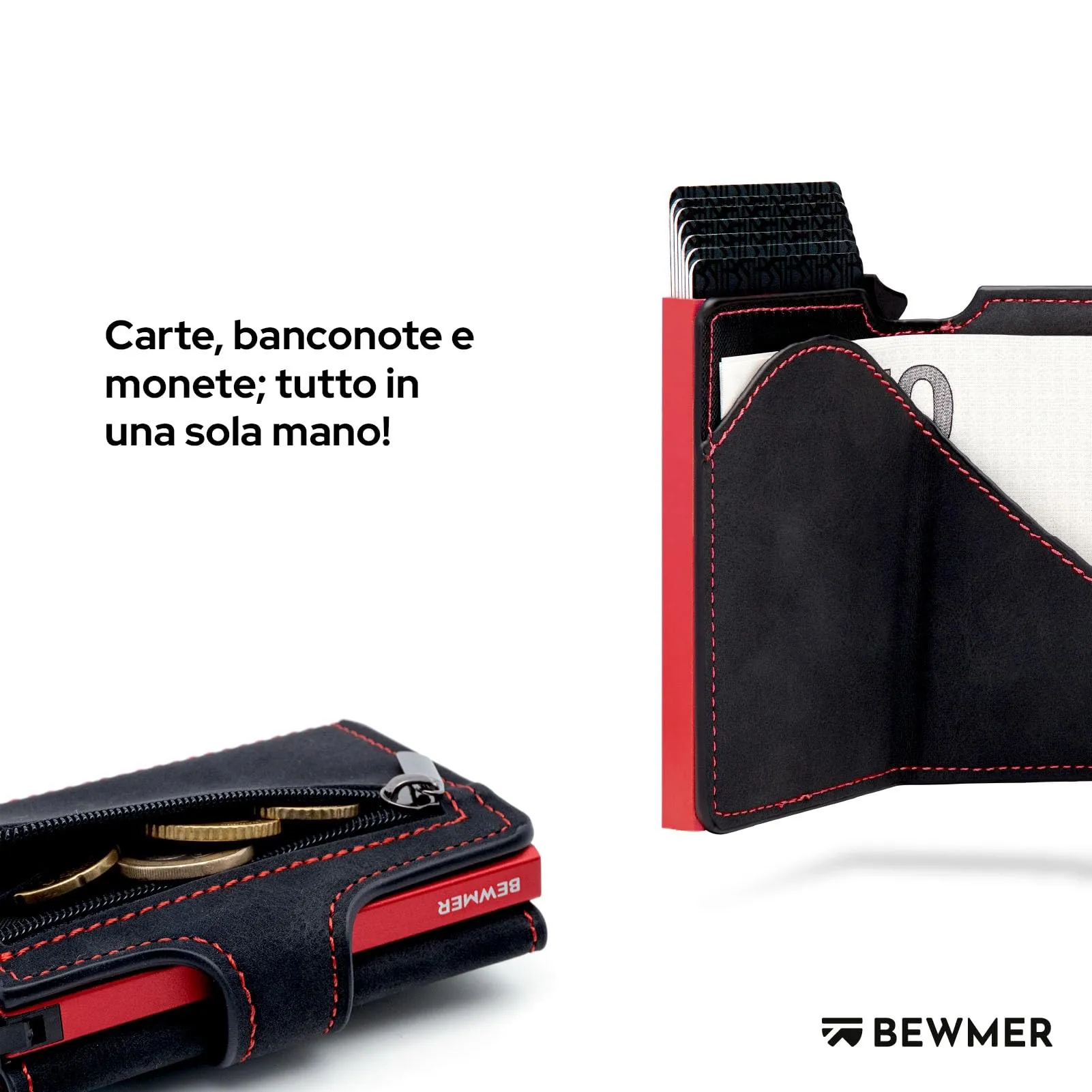 BEWMER v2 Portafoglio Slim in Similpelle con Protezione RFID, Nero Rosso - immagine 3