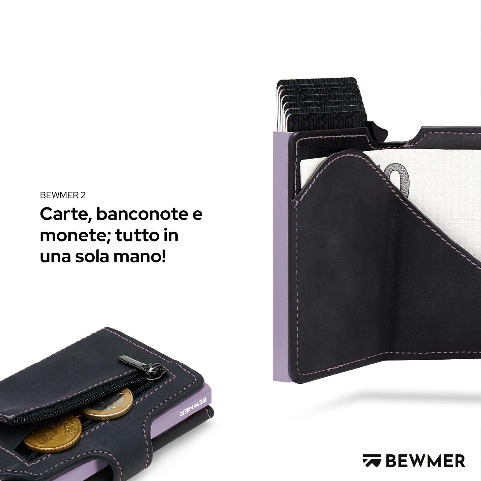 BEWMER v2 Portafoglio Slim in Similpelle con Protezione RFID, Nero Viola - immagine 3