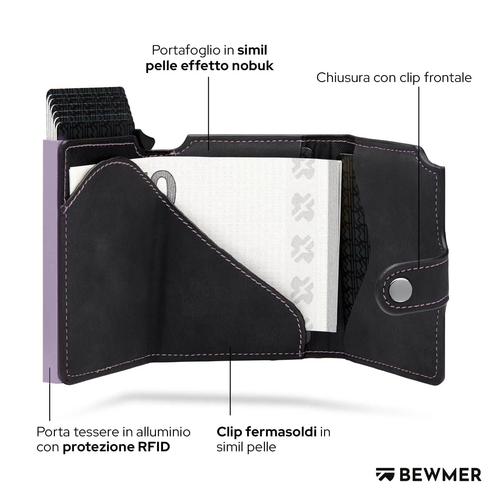 BEWMER v2 Portafoglio Slim in Similpelle con Protezione RFID, Nero Viola - immagine 4