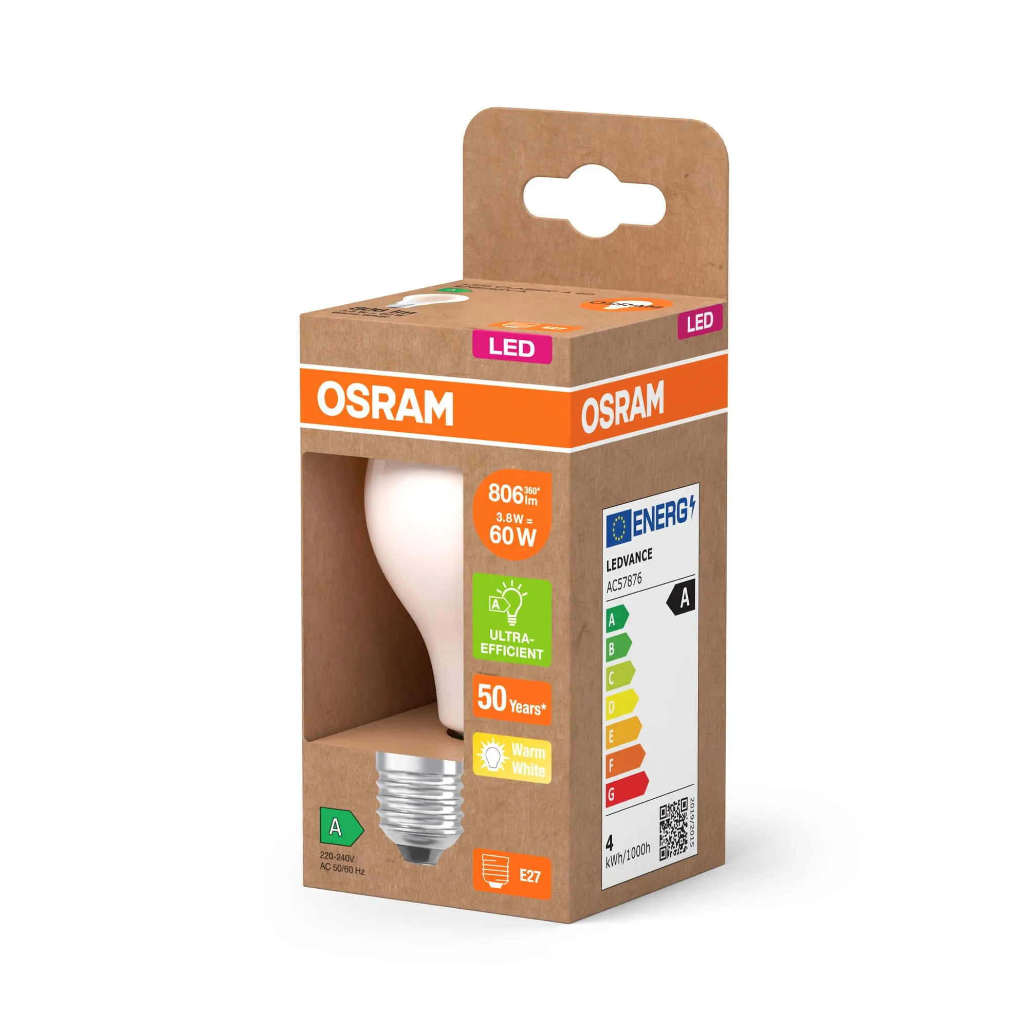 OSRAM LED Superstar Classic A60, 3.8W, 806 lm, E27, 2700K, Bianco Caldo, EEK A, Diametro 60 mm, Pacco da 6 - immagine 3