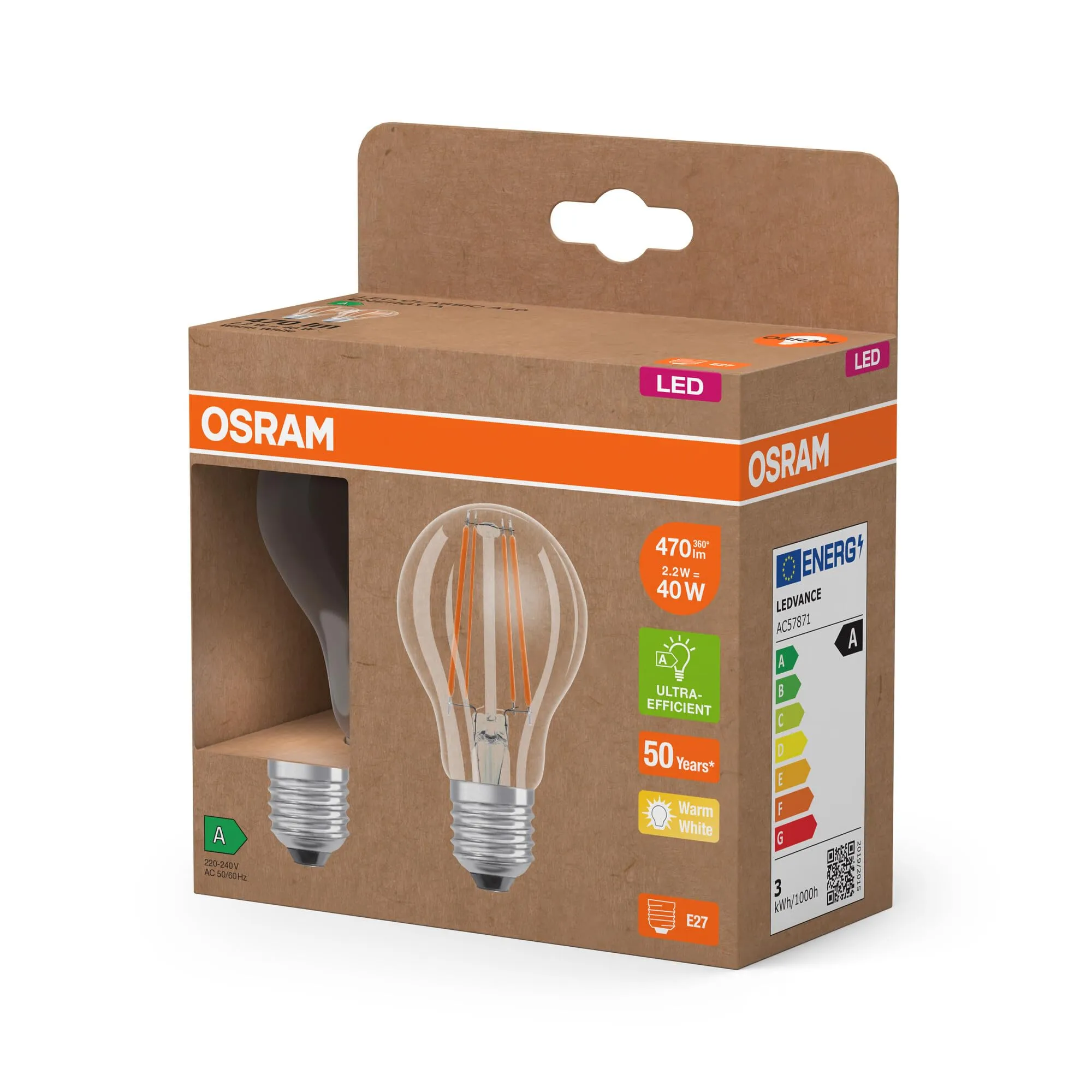 Osram LED Superstar Classic A 40, 2.2W, 470lm, E27, 2700K, Vetro Trasparente, Pack 2 - immagine 4