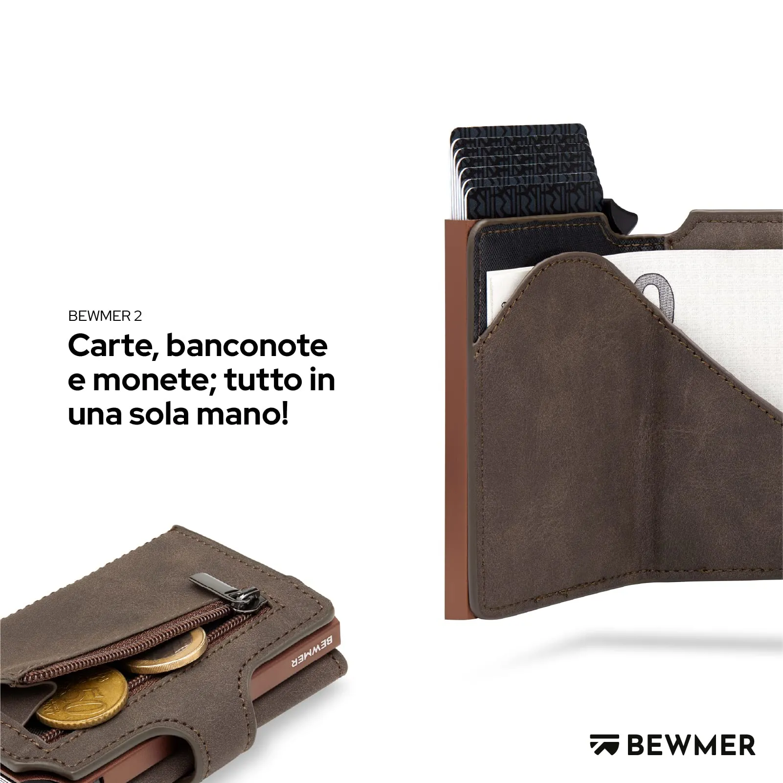 BEWMER v2 Portafoglio Uomo Slim in Similpelle con Protezione RFID, Porta Carte per 9 Tessere e Portamonete, Marrone Testa di Moro - immagine 3