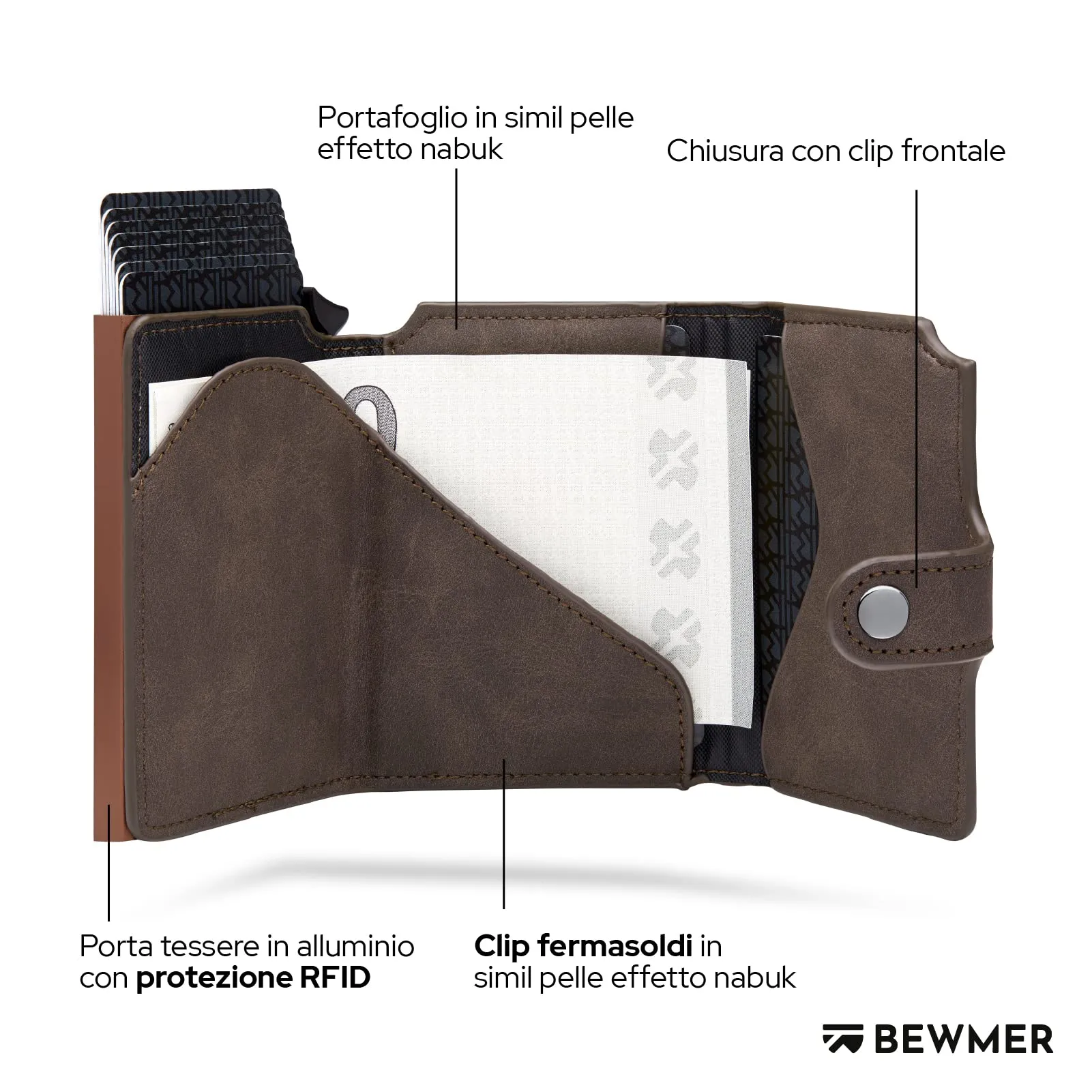 BEWMER v2 Portafoglio Uomo Slim in Similpelle con Protezione RFID, Porta Carte per 9 Tessere e Portamonete, Marrone Testa di Moro - immagine 4