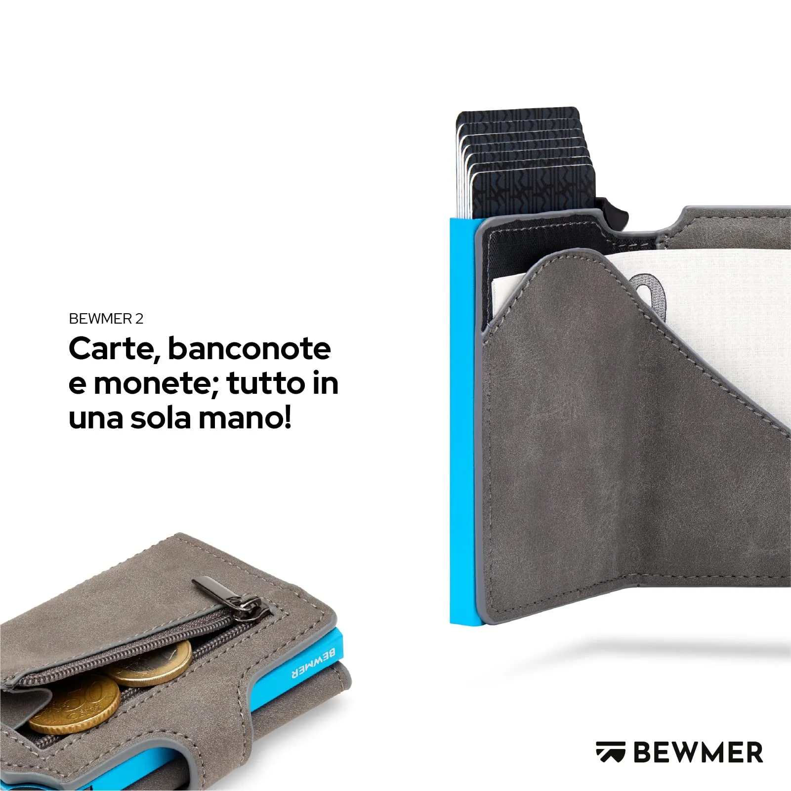 BEWMER v2 Portafoglio Slim in Similpelle con Protezione RFID, Grigio Blu - immagine 3