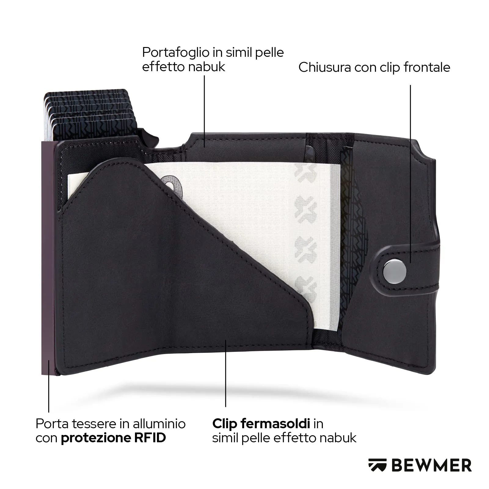 BEWMER v2 Portafoglio Uomo Slim in Similpelle con Protezione RFID, Nero Lilla - immagine 4
