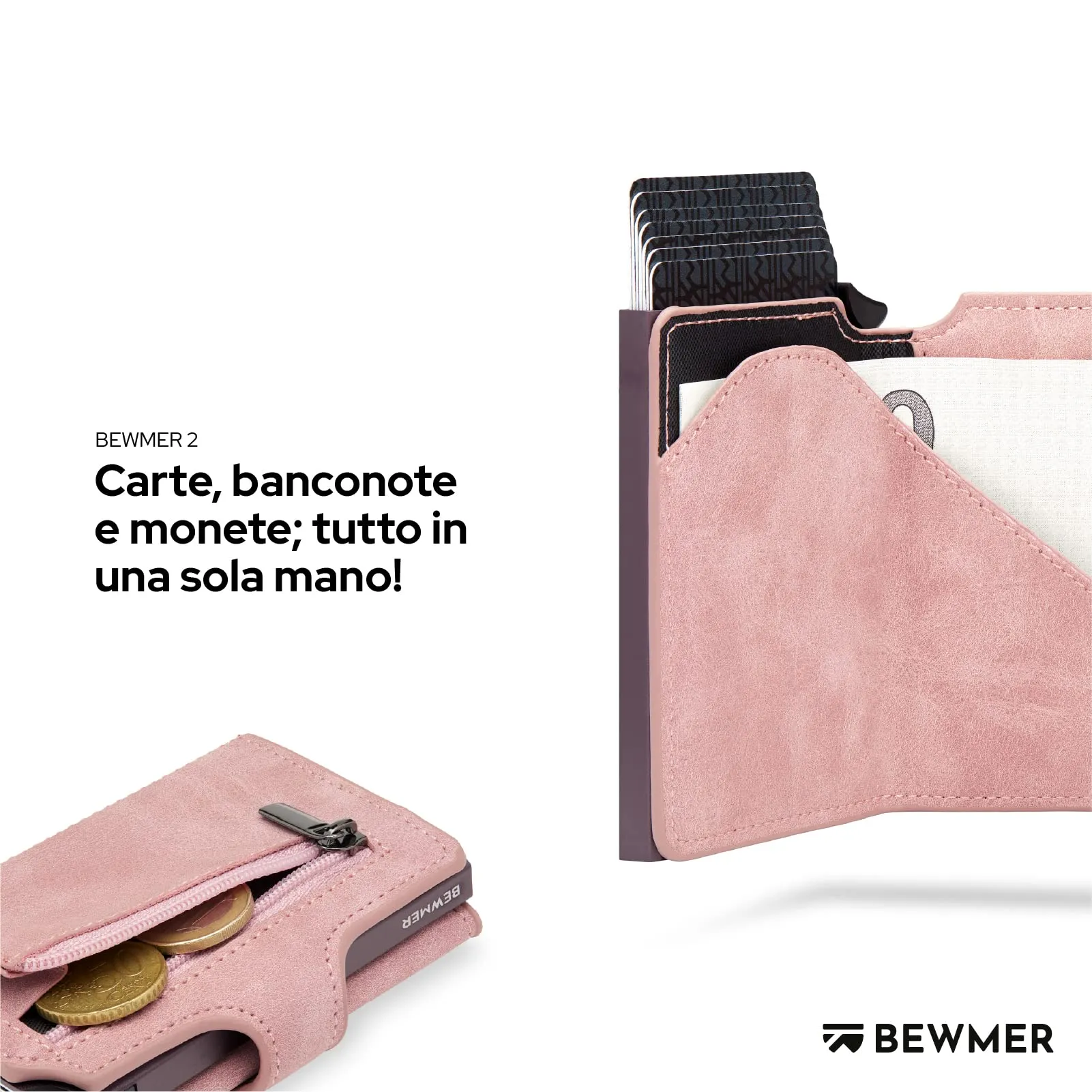 BEWMER v2 Portafoglio Uomo Slim in Similpelle con Protezione RFID, Rosa Lilla - immagine 3