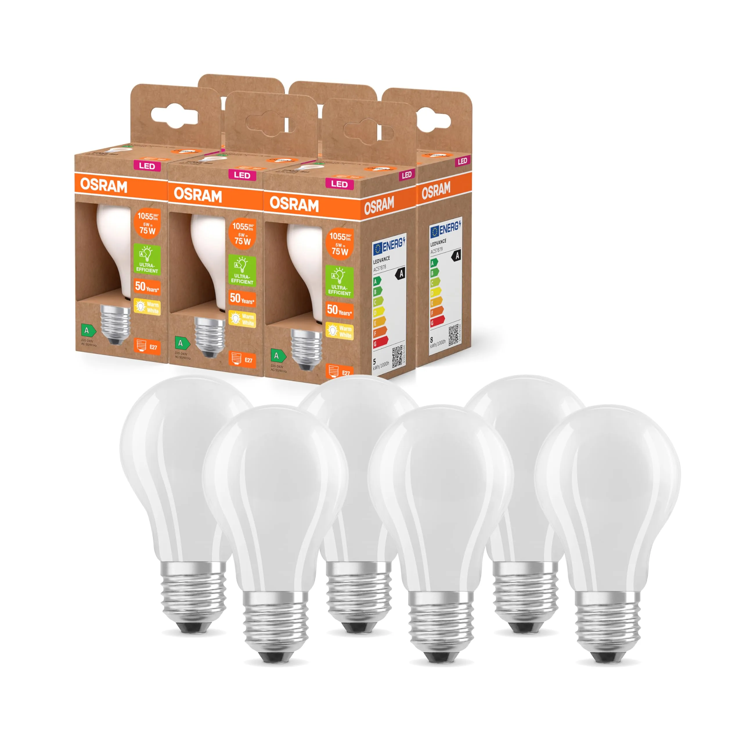 Osram LED Superstar Classic A75, 5W, 1055 lm, E27, 2700K Bianco Caldo, Classe A, 60 mm, confezione da 6 - immagine 1
