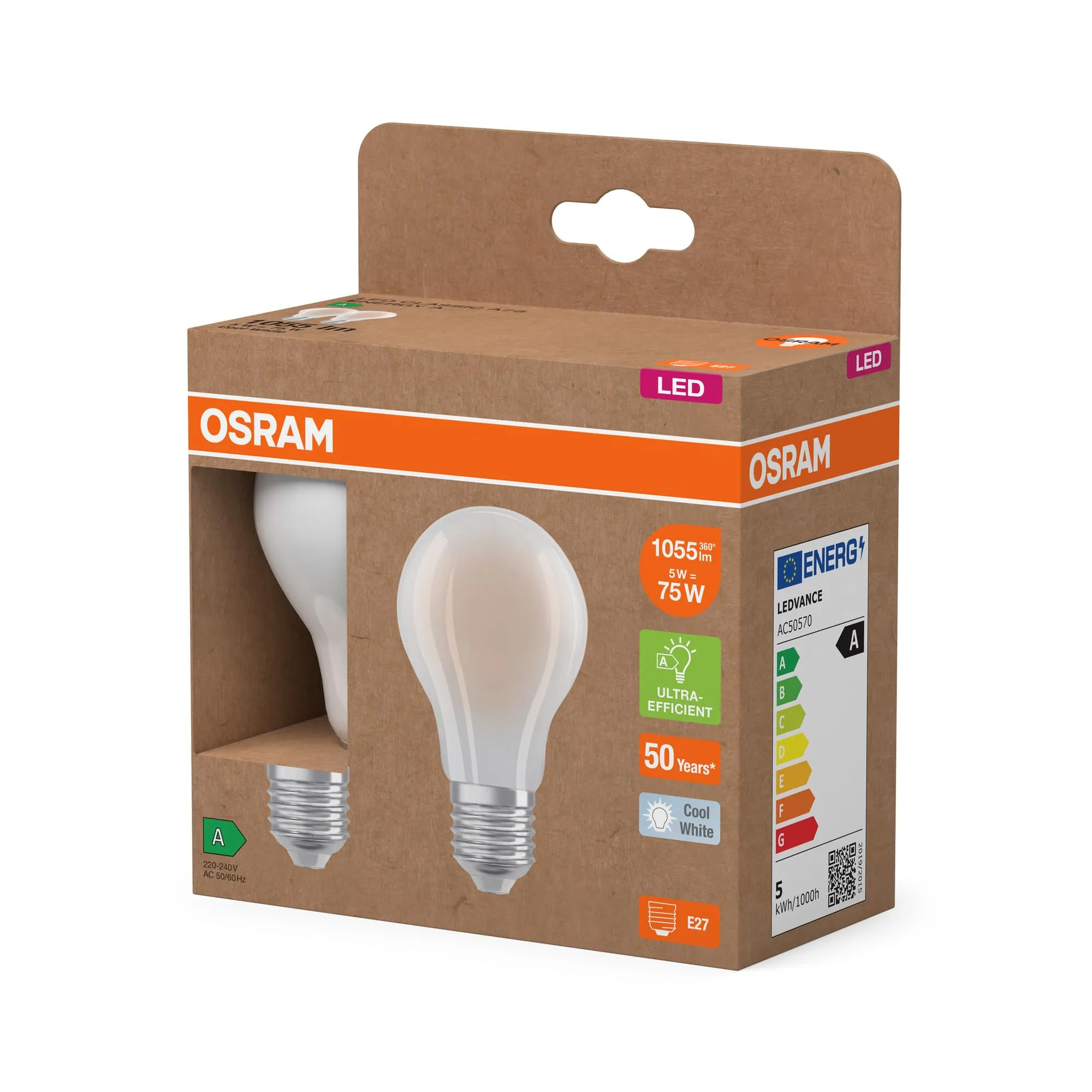Osram LED Lamp E27, 5W, 1055lm, Class A, Cold White 4000K, CRI 80, Frosted Glass, IP20, 60mm - immagine 4