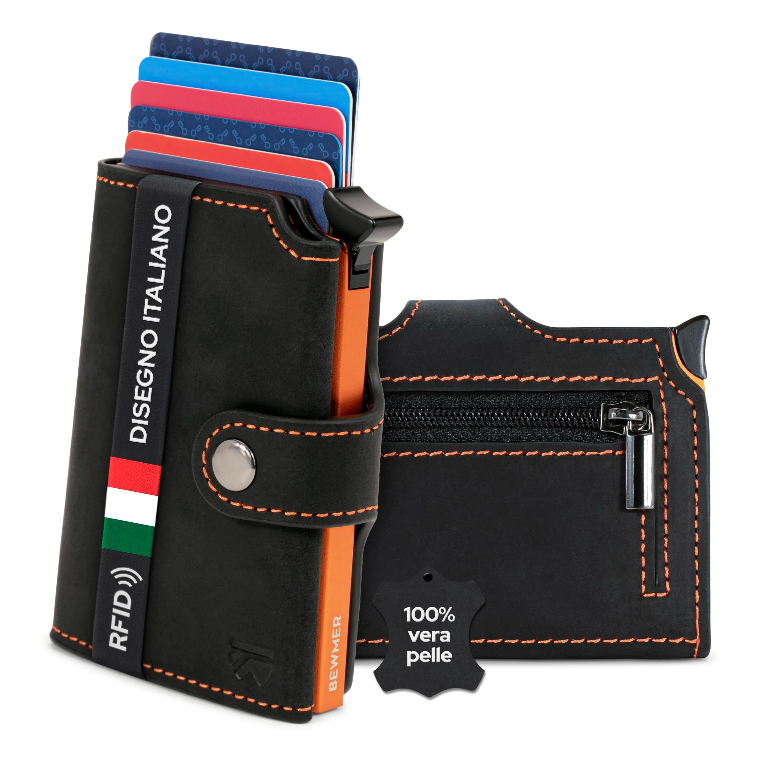 BEWMER v2 Portafoglio Uomo Slim in Vera Pelle con Protezione RFID, Nero Arancione Premium - immagine 1