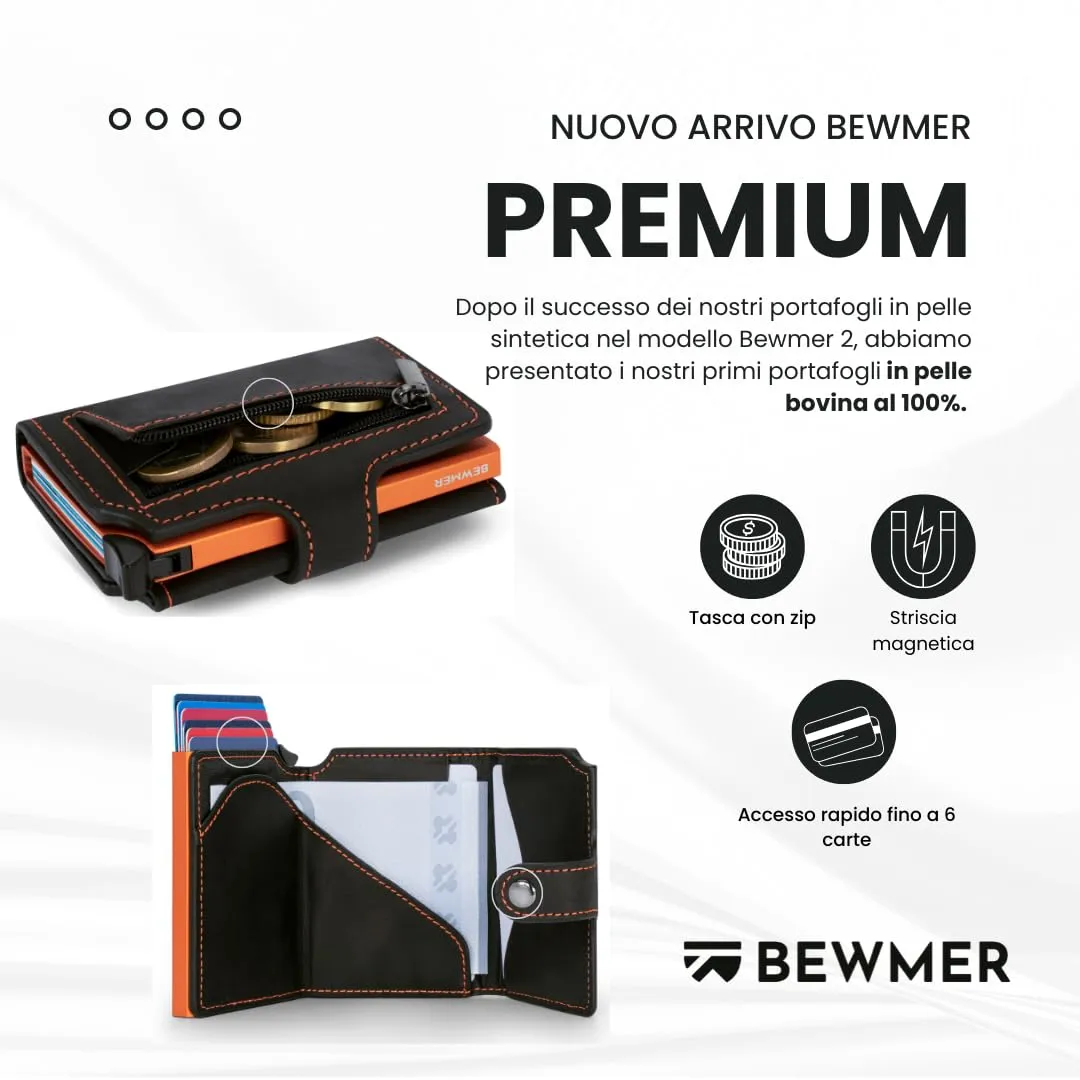 BEWMER v2 Portafoglio Uomo Slim in Vera Pelle con Protezione RFID, Nero Arancione Premium - immagine 2