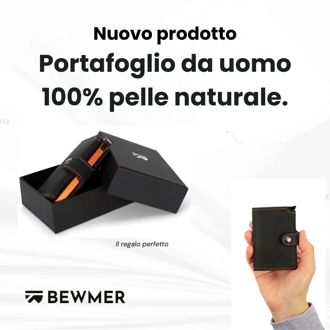BEWMER v2 Portafoglio Uomo Slim in Vera Pelle con Protezione RFID, Nero Arancione Premium - immagine 3