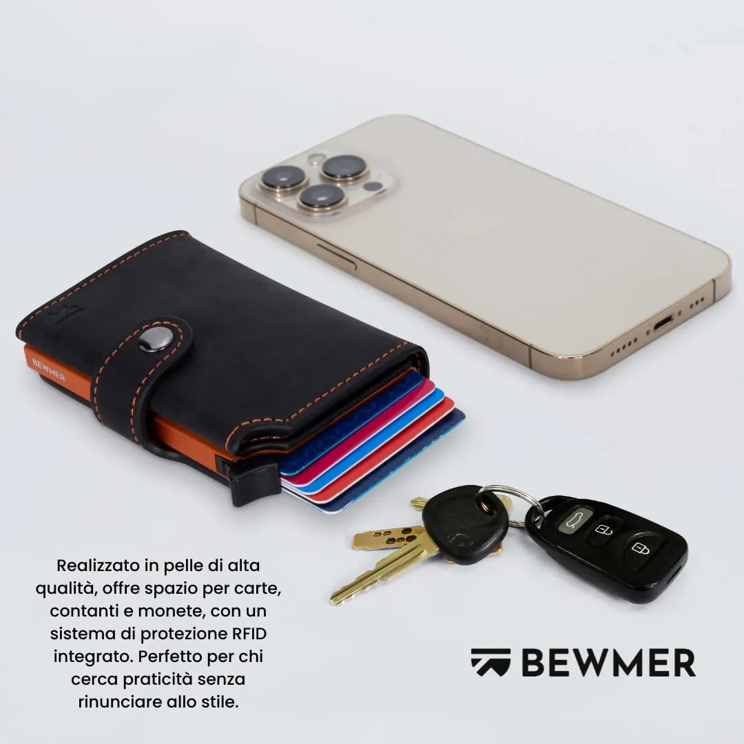 BEWMER v2 Portafoglio Uomo Slim in Vera Pelle con Protezione RFID, Nero Arancione Premium - immagine 4