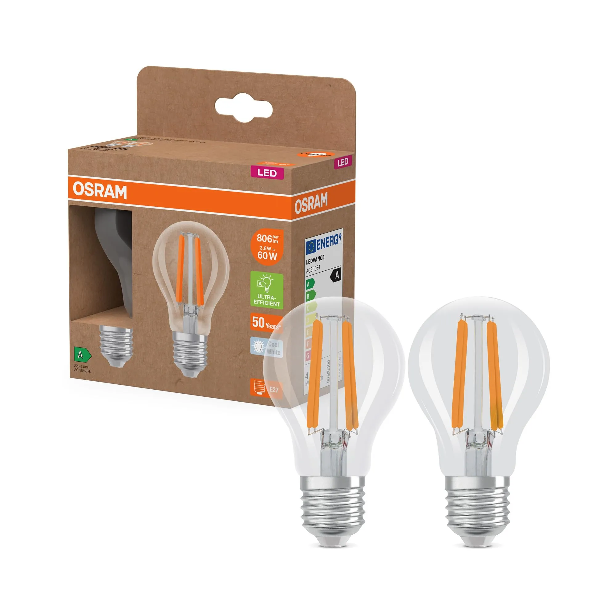 OSRAM Energy Class LED Classic, 3.8 W, 806 lm, E27, 4000 K, CRI 80, Trasparente, IP20, 60 mm - immagine 1