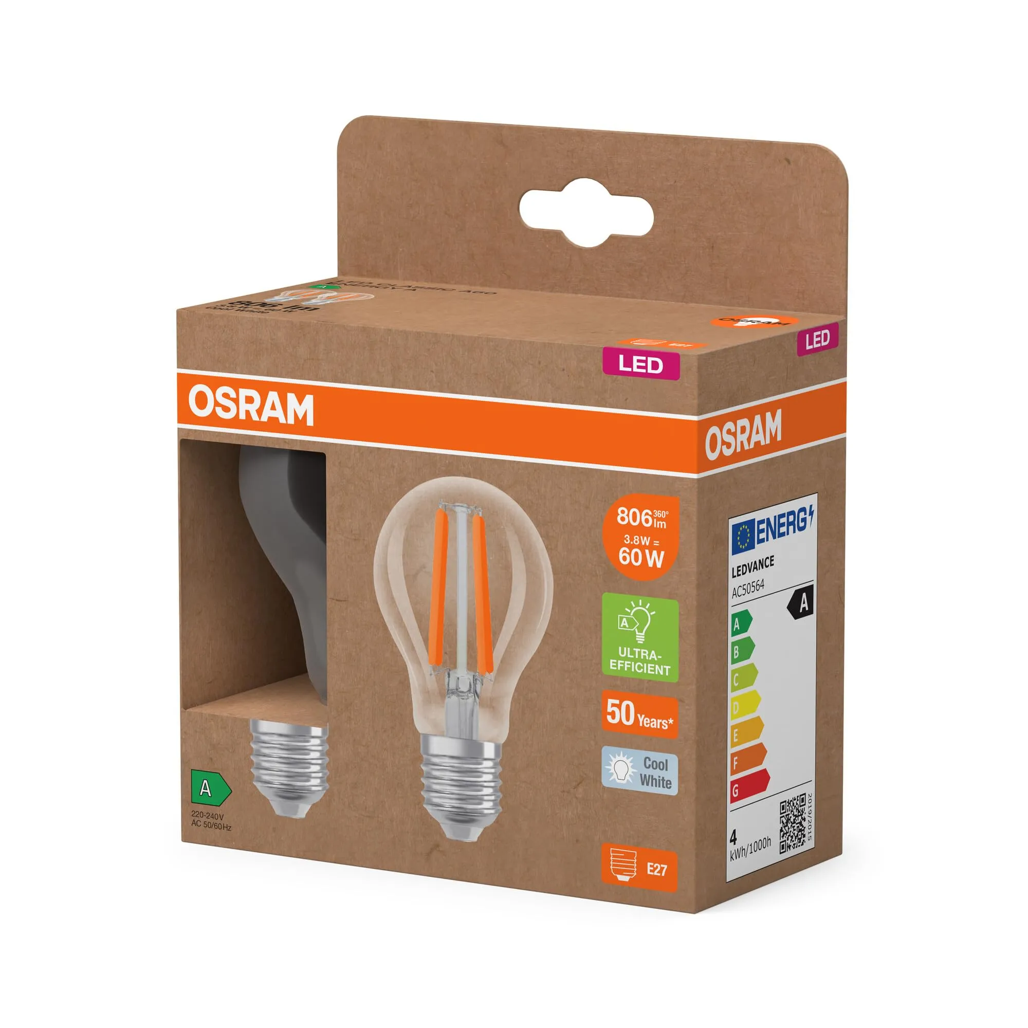 OSRAM Energy Class LED Classic, 3.8 W, 806 lm, E27, 4000 K, CRI 80, Trasparente, IP20, 60 mm - immagine 4