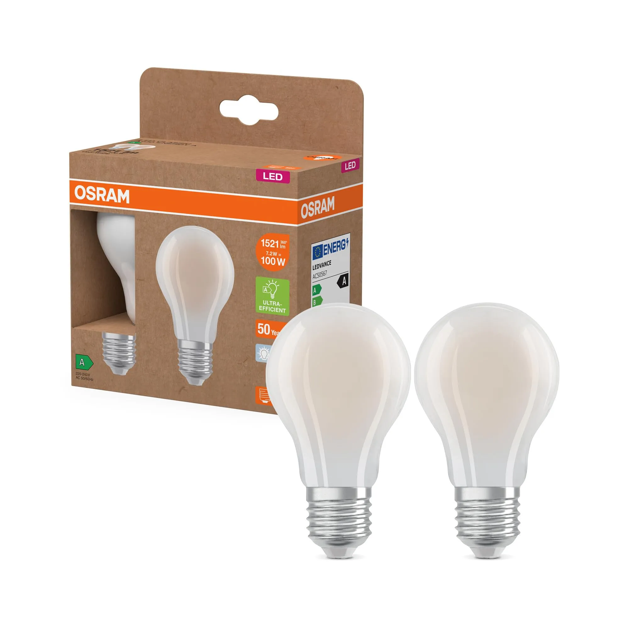 OSRAM LED Classic E27, 7.2W, 1521lm, Classe A, 4000K, CRI 80, Vetro Satinato, IP20, 60mm - immagine 1