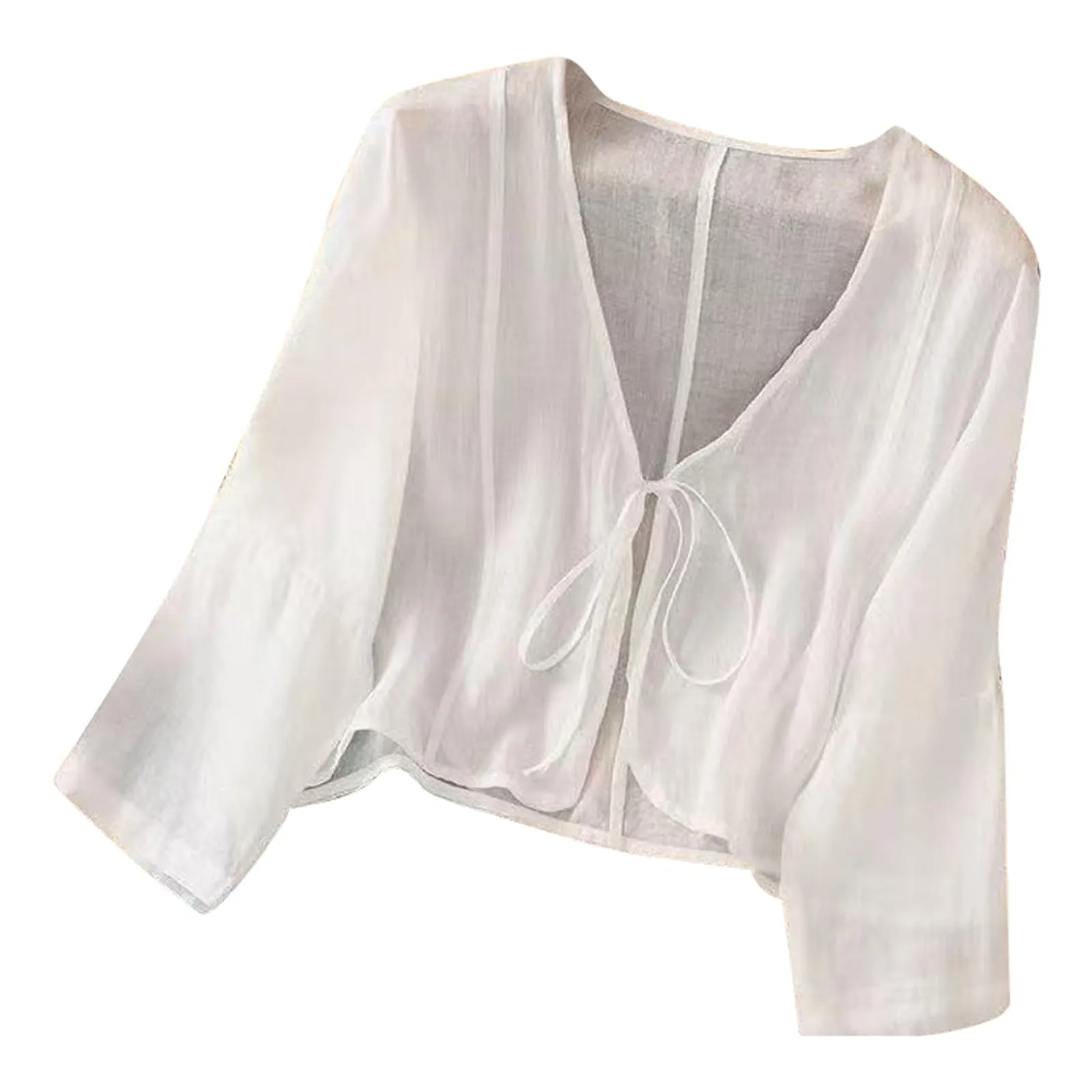 Vhersily Cardigan Donna Coprispalle in Chiffon Bolero Estivo Front Lace Up Hanfu Camicia di Lino Bianco - immagine 1