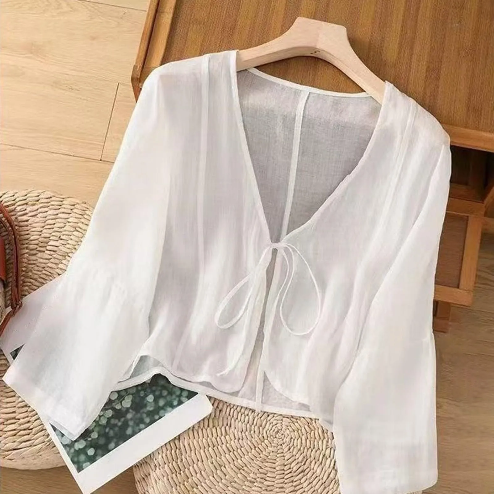 Vhersily Cardigan Donna Coprispalle in Chiffon Bolero Estivo Front Lace Up Hanfu Camicia di Lino Bianco - immagine 2