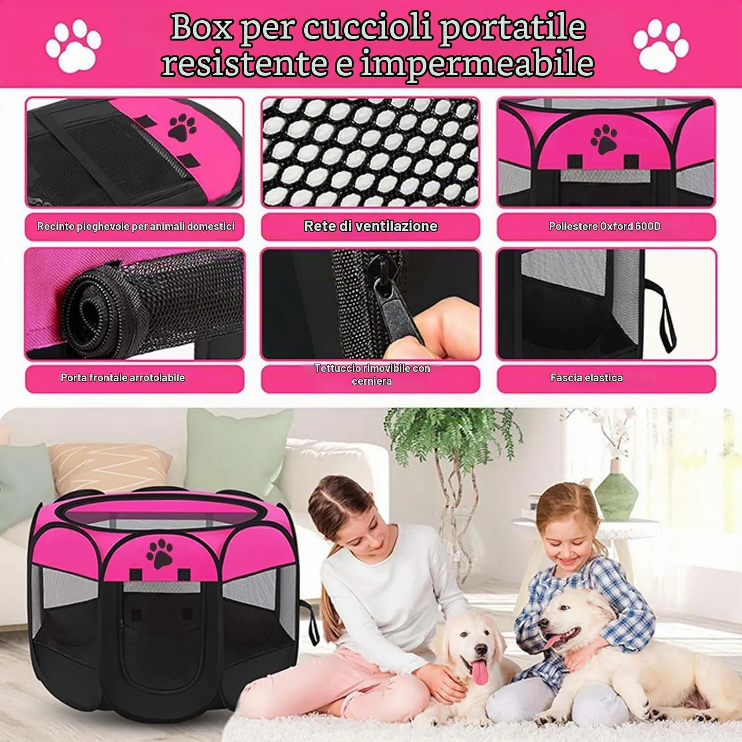 Exquilnova Recinto Pieghevole per Animali in Tessuto Oxford Impermeabile, 114 x 114 x 58 cm, Rosa - immagine 3