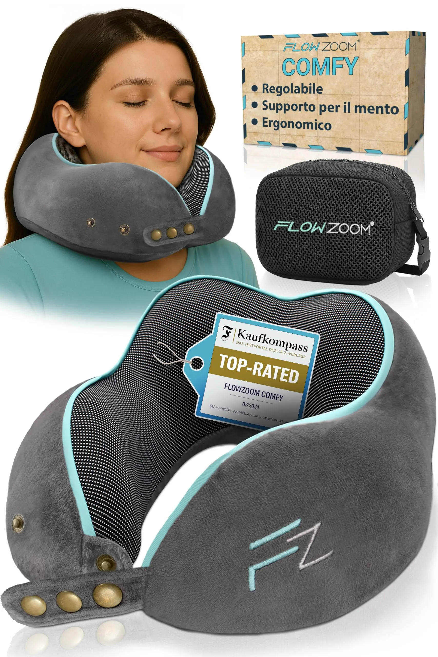 FLOWZOOM Comfy Cuscino da Viaggio in Memory Foam per Collo Regolabile con Supporto a 360°, Fodera Lavabile e Sacchetto Trasporto - Grigio - immagine 1