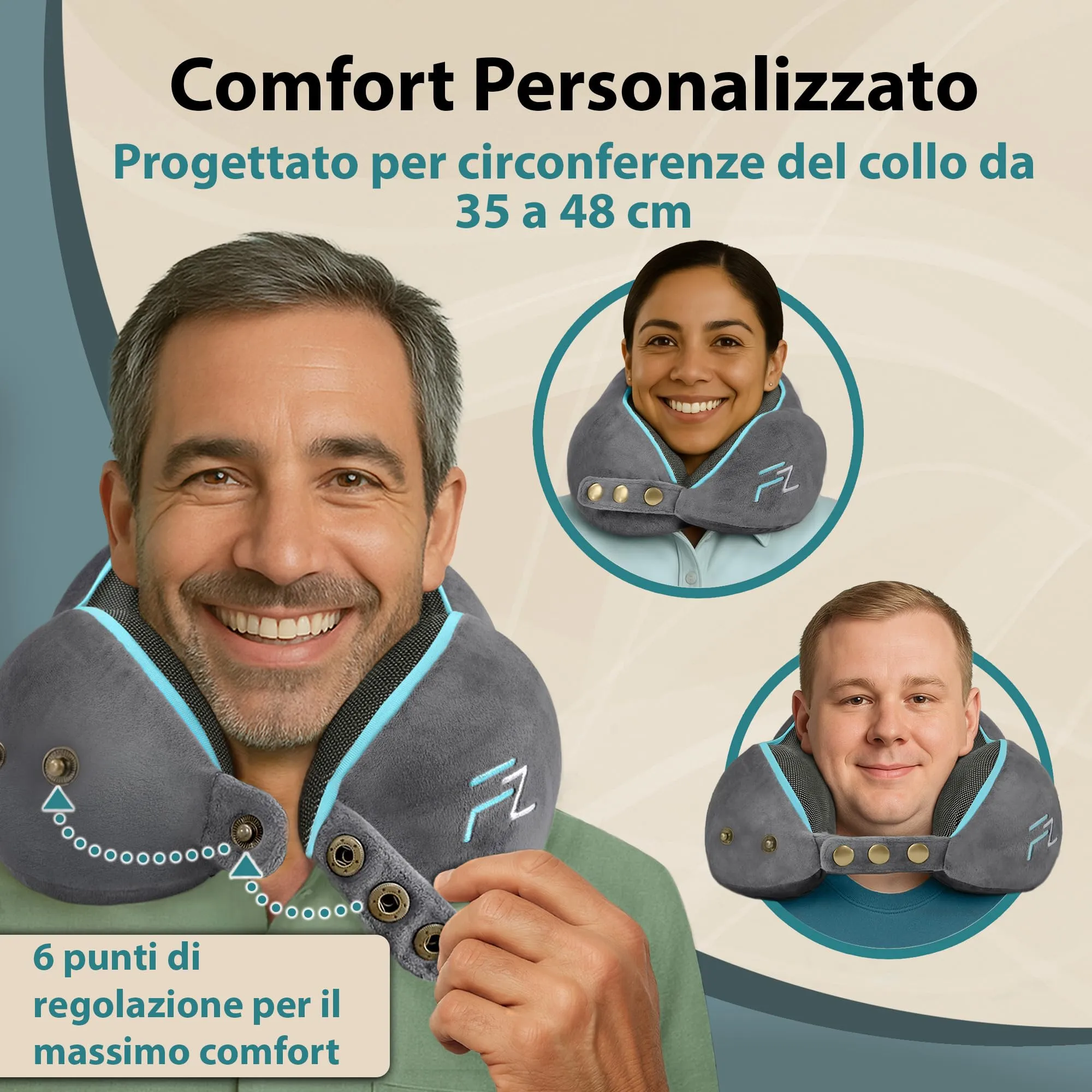 FLOWZOOM Comfy Cuscino da Viaggio in Memory Foam per Collo Regolabile con Supporto a 360°, Fodera Lavabile e Sacchetto Trasporto - Grigio - immagine 2