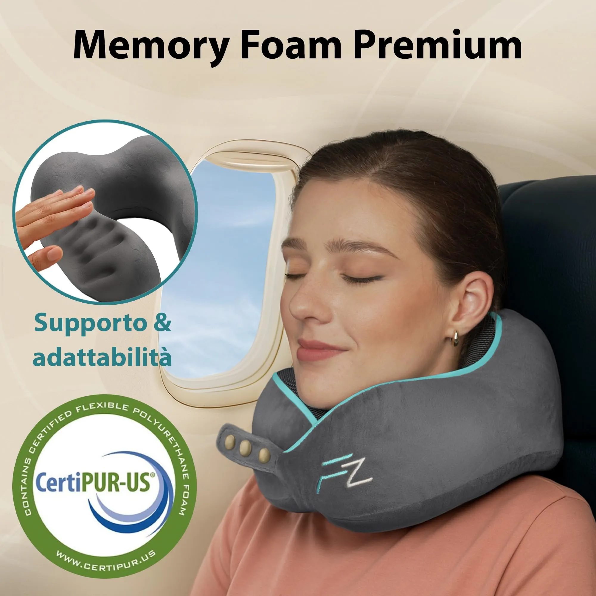 FLOWZOOM Comfy Cuscino da Viaggio in Memory Foam per Collo Regolabile con Supporto a 360°, Fodera Lavabile e Sacchetto Trasporto - Grigio - immagine 7