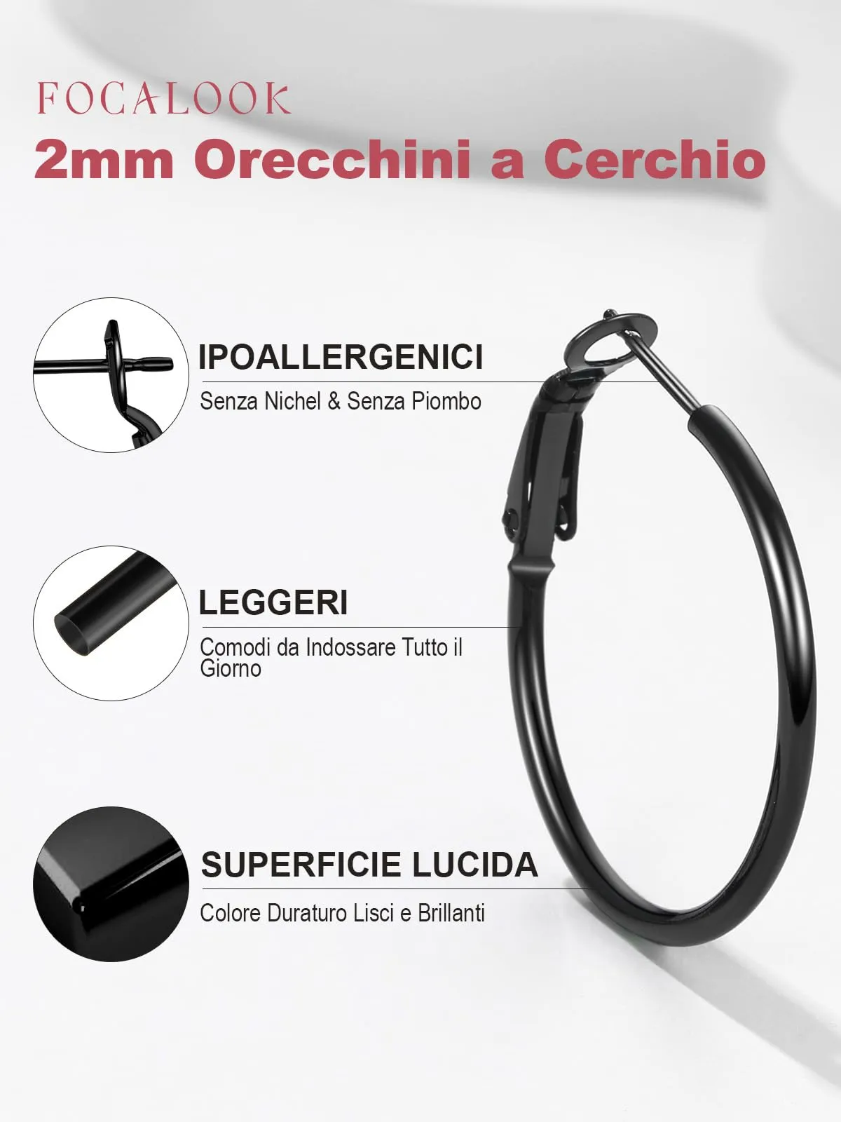 FOCALOOK Orecchini a Cerchio 30mm Nero in Acciaio Inossidabile - immagine 4