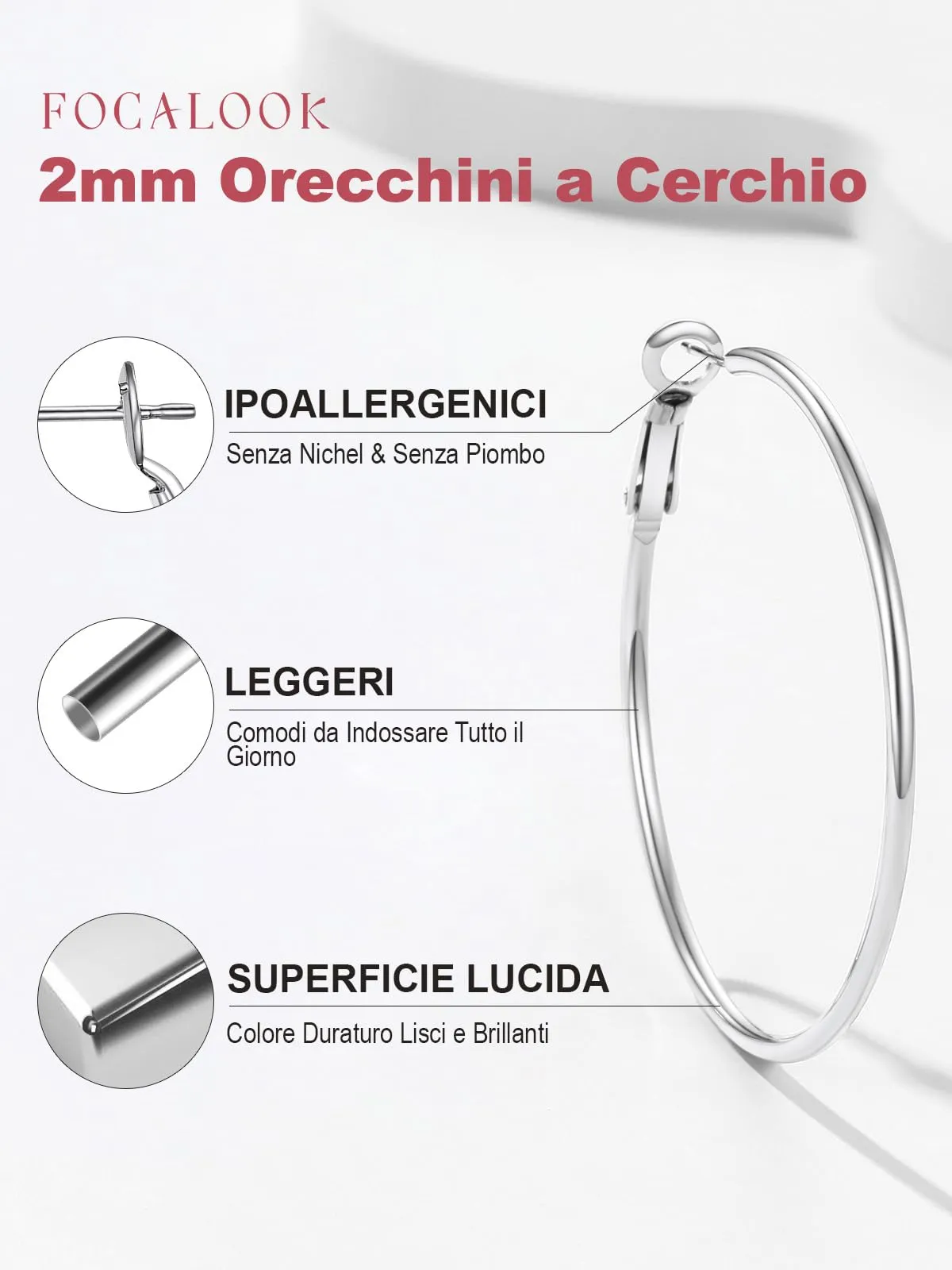 FOCALOOK Orecchini a Cerchio 50mm Argento in Acciaio Inox - immagine 4